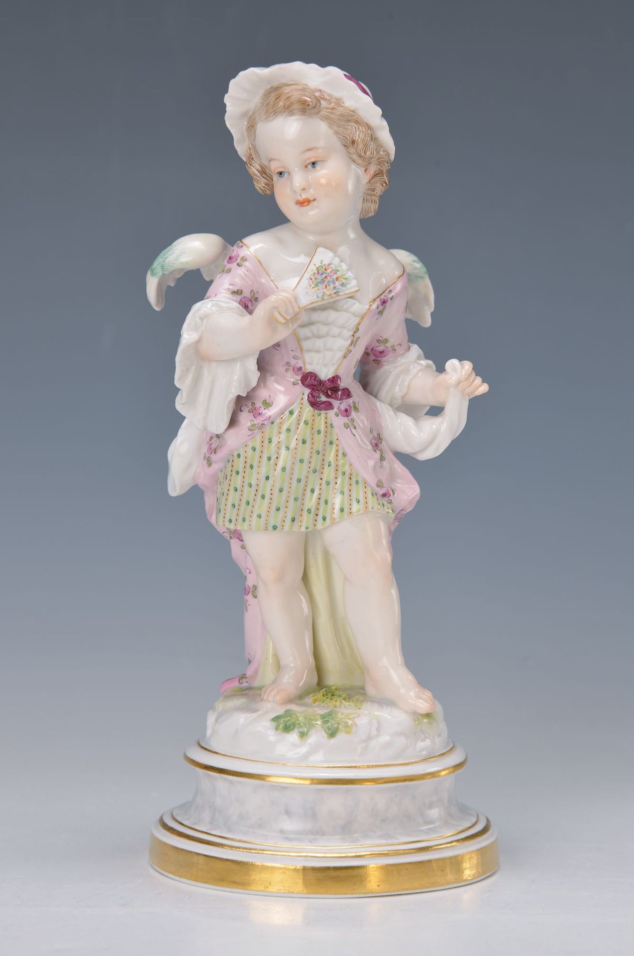 Porzellanfigur, Meissen, 40/50er Jahre, 2. Wahl, Frau mit Fächer, polychrom bemalt, feines Inkarnat,