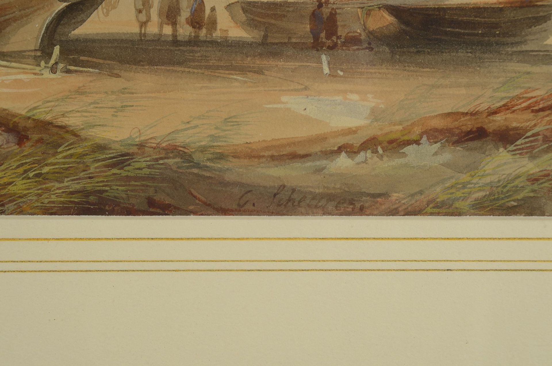 Caspar Johann Nepomuk Scheuren, 1810-1887, Fischerboote am Strand, Menschen im Gespräch, Aquarell - Bild 6 aus 7