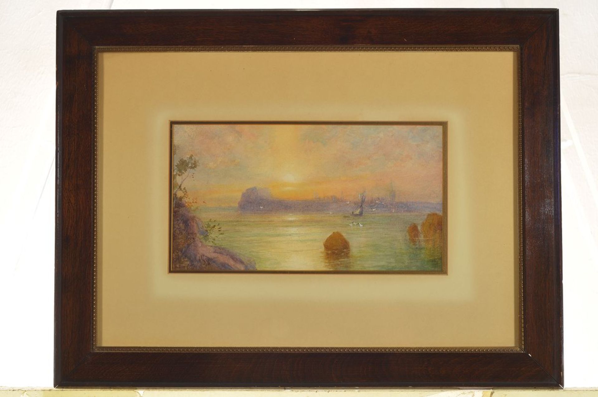 G. Wimmer, um 1900, Aquarell, Sonnenuntergang an der Küste, unleserlich signiert, ca. 15 x 27 cm, - Bild 4 aus 5