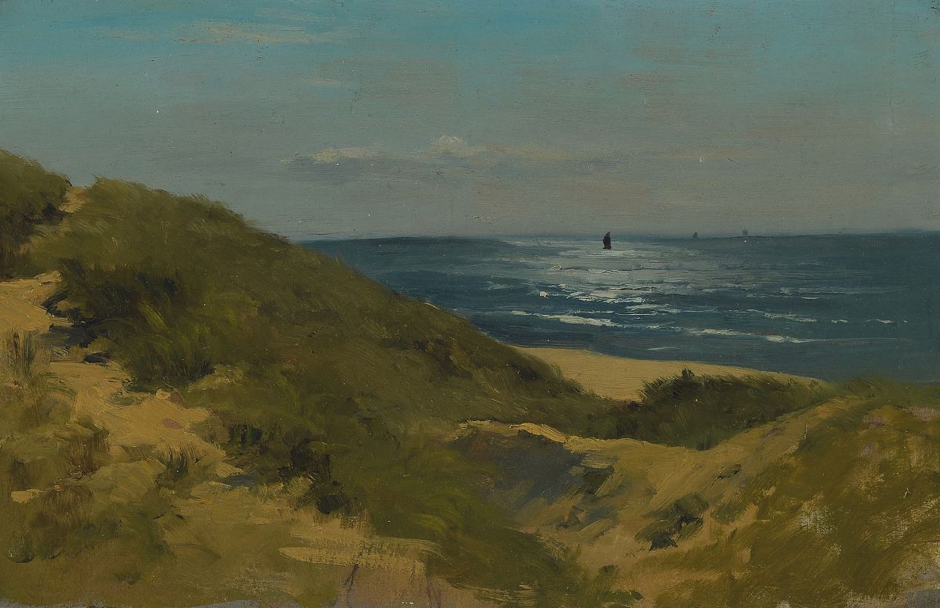 Theodor Her, 1838 Roth-1892 München, Blick über die Dünen aufs Meer und ein Segelboot, Öl/Malkarton,
