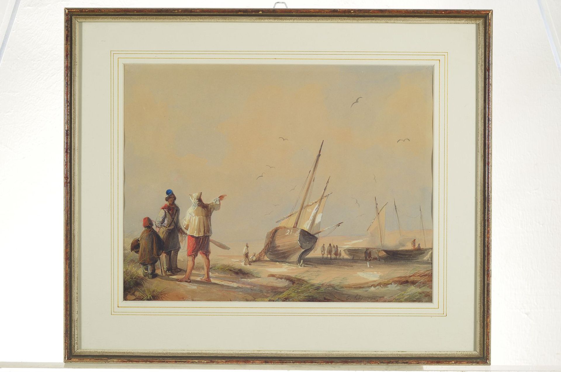 Caspar Johann Nepomuk Scheuren, 1810-1887, Fischerboote am Strand, Menschen im Gespräch, Aquarell - Bild 4 aus 7