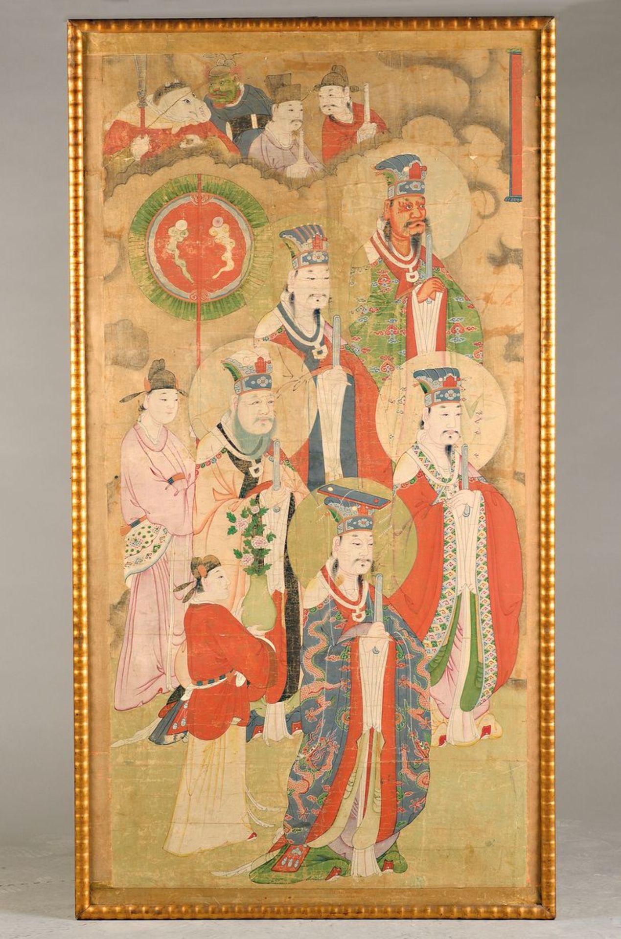 Wandbild, China, 18.Jh., Mischtechnik auf Papier, von gelber Seidenborte eingefasst, Darstellung von