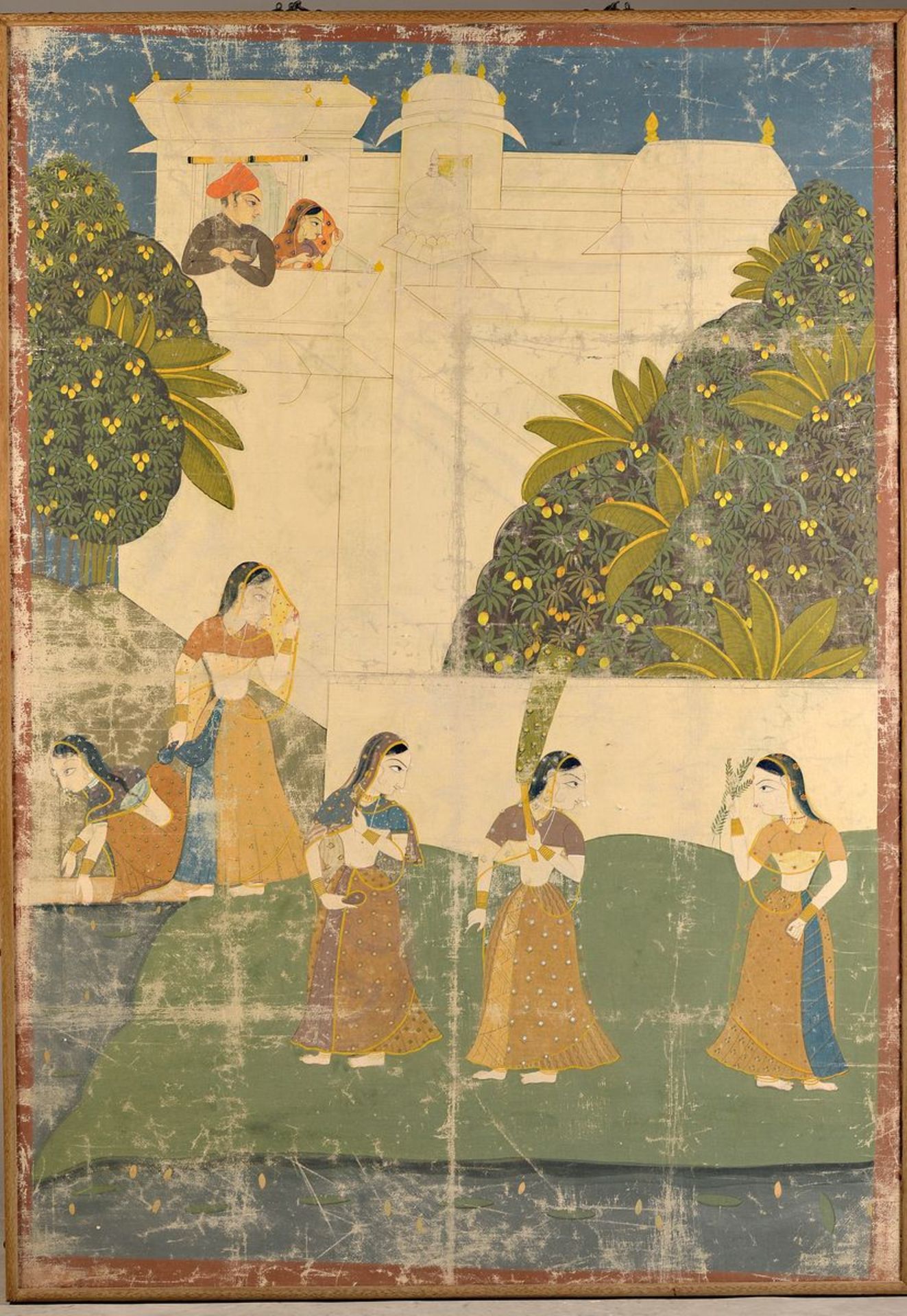 Wandbild, Indien, 19.Jh., Öl auf Leinwand, Gartenszene vor Palastarchitektur, Alterssp., best.,
