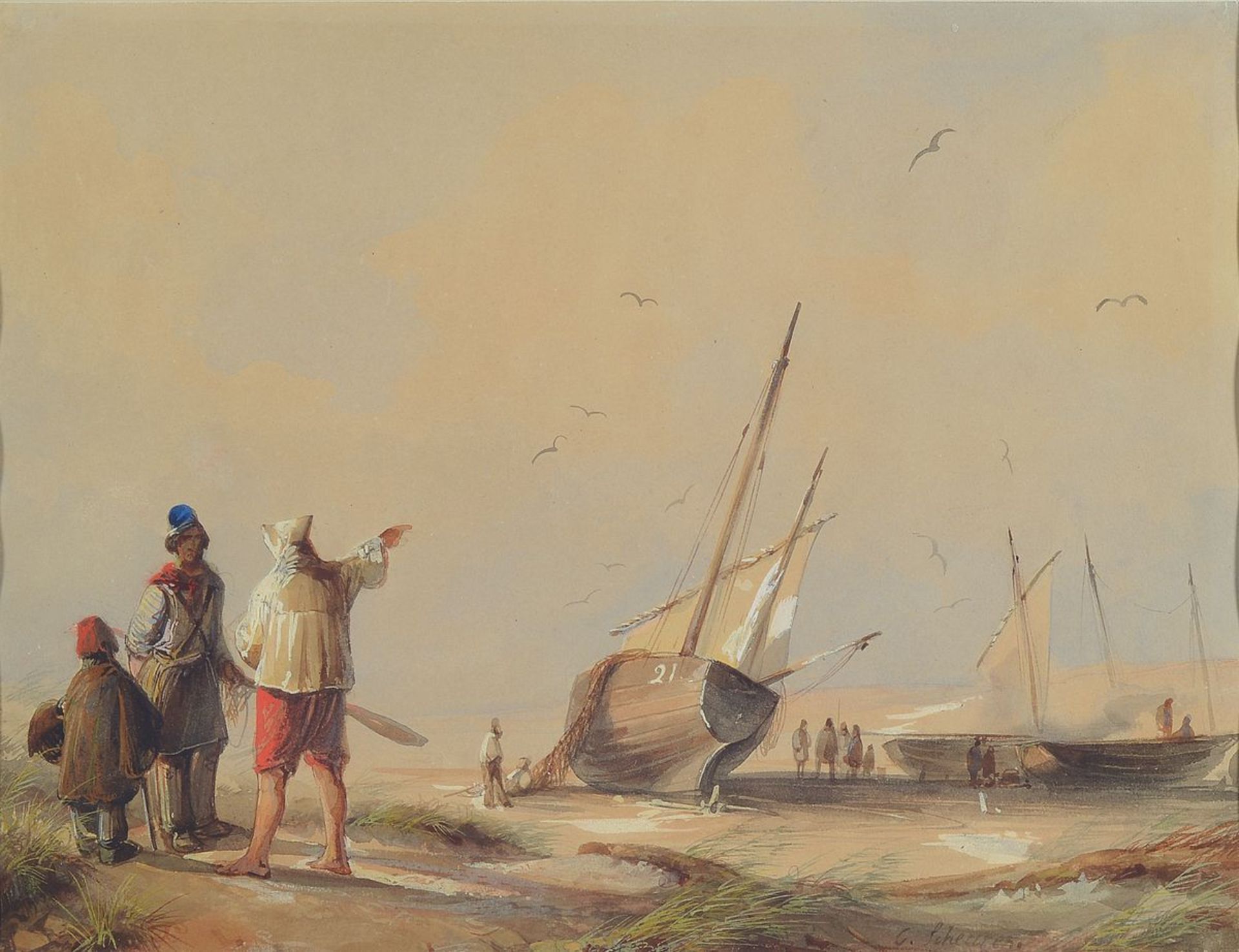 Caspar Johann Nepomuk Scheuren, 1810-1887, Fischerboote am Strand, Menschen im Gespräch, Aquarell