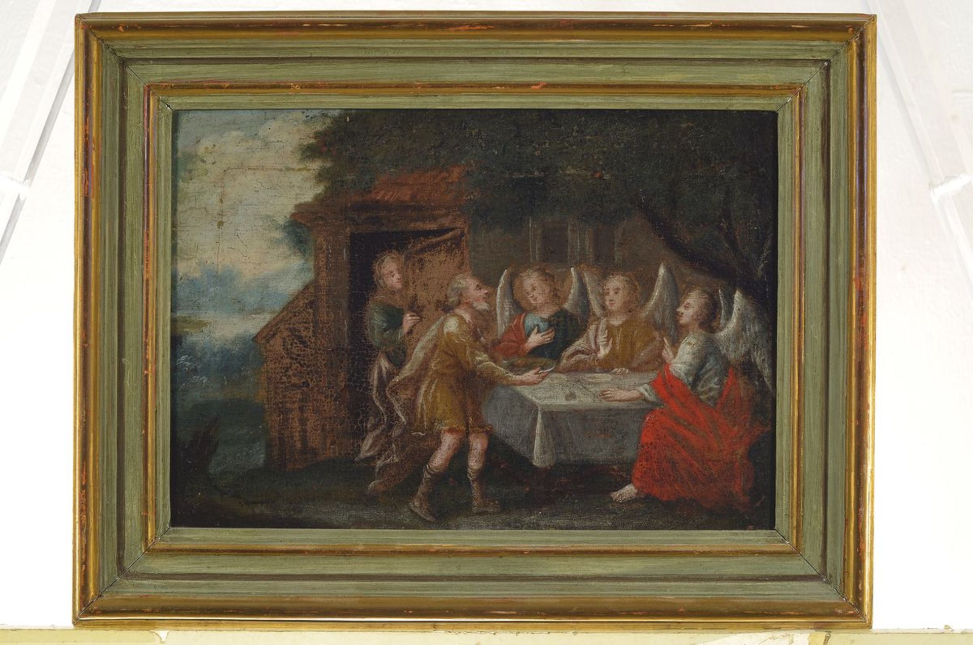 Unbekannter Künstler, süddeutsch, um 1830, Jesus beim Mahl mit den Emmaus Jüngern, Öl/Lwd, rest., - Bild 2 aus 3