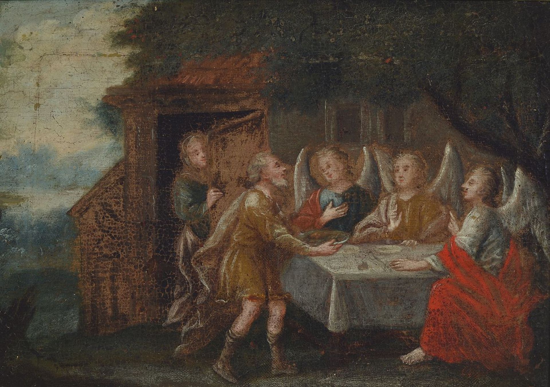 Unbekannter Künstler, süddeutsch, um 1830, Jesus beim Mahl mit den Emmaus Jüngern, Öl/Lwd, rest.,