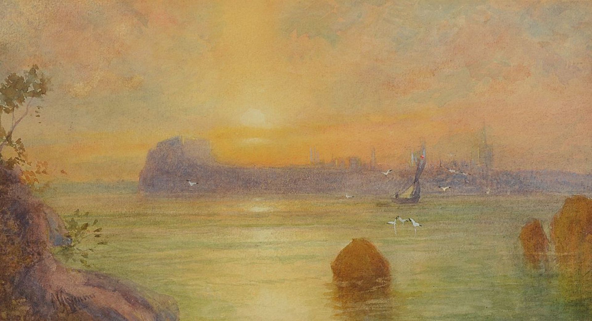 G. Wimmer, um 1900, Aquarell, Sonnenuntergang an der Küste, unleserlich signiert, ca. 15 x 27 cm,