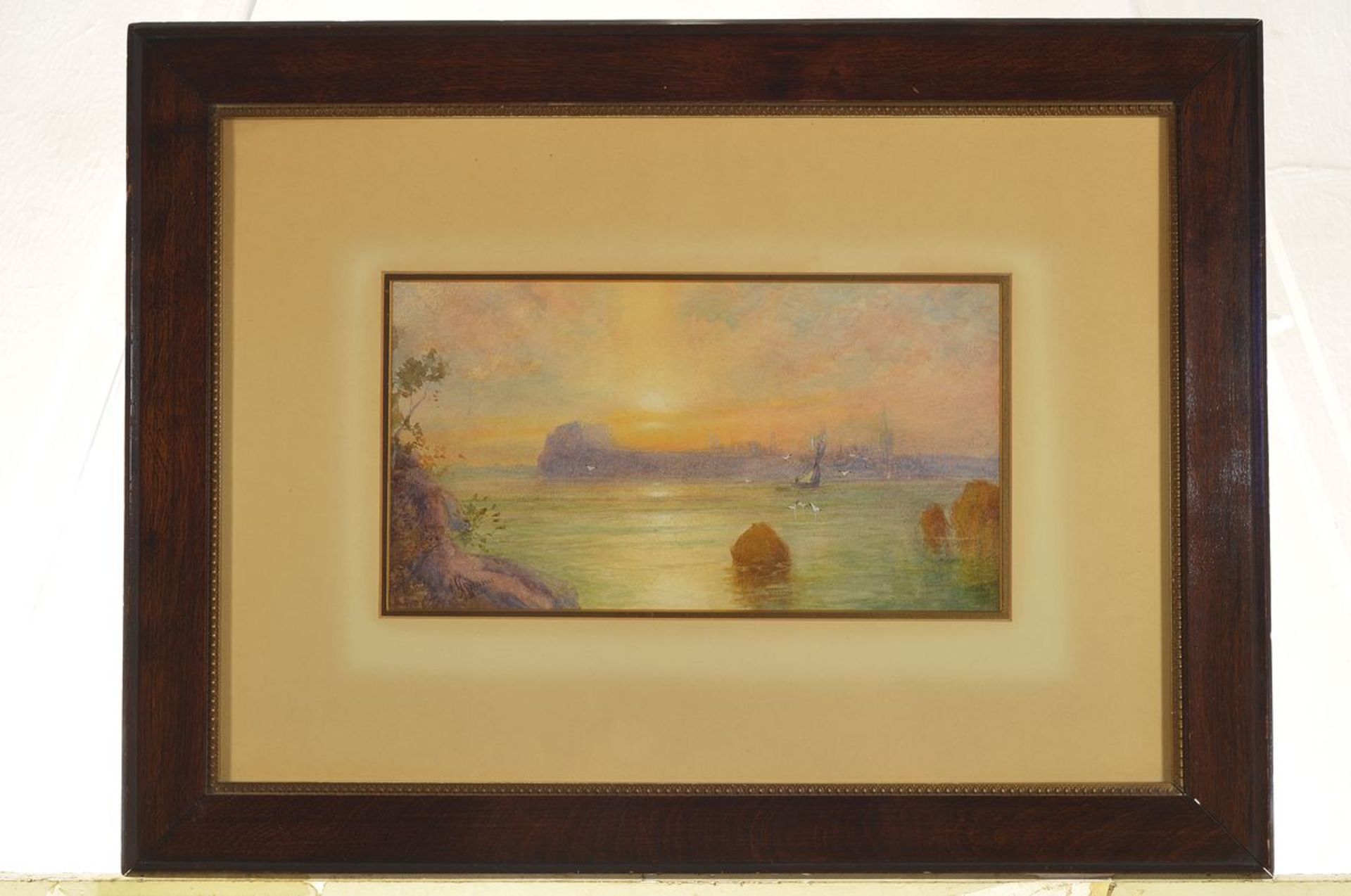 G. Wimmer, um 1900, Aquarell, Sonnenuntergang an der Küste, unleserlich signiert, ca. 15 x 27 cm, - Bild 5 aus 5