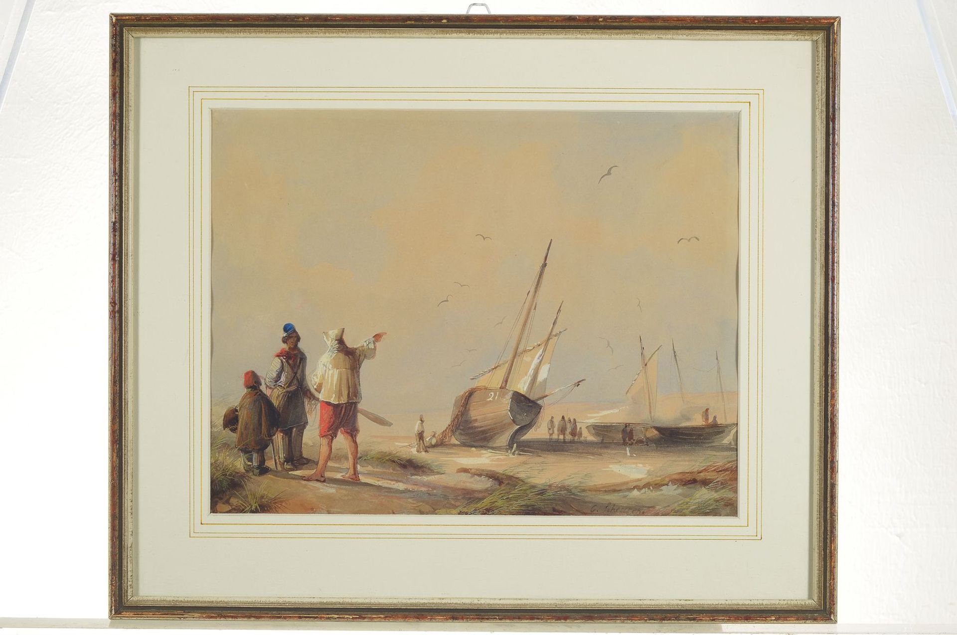 Caspar Johann Nepomuk Scheuren, 1810-1887, Fischerboote am Strand, Menschen im Gespräch, Aquarell - Bild 5 aus 7