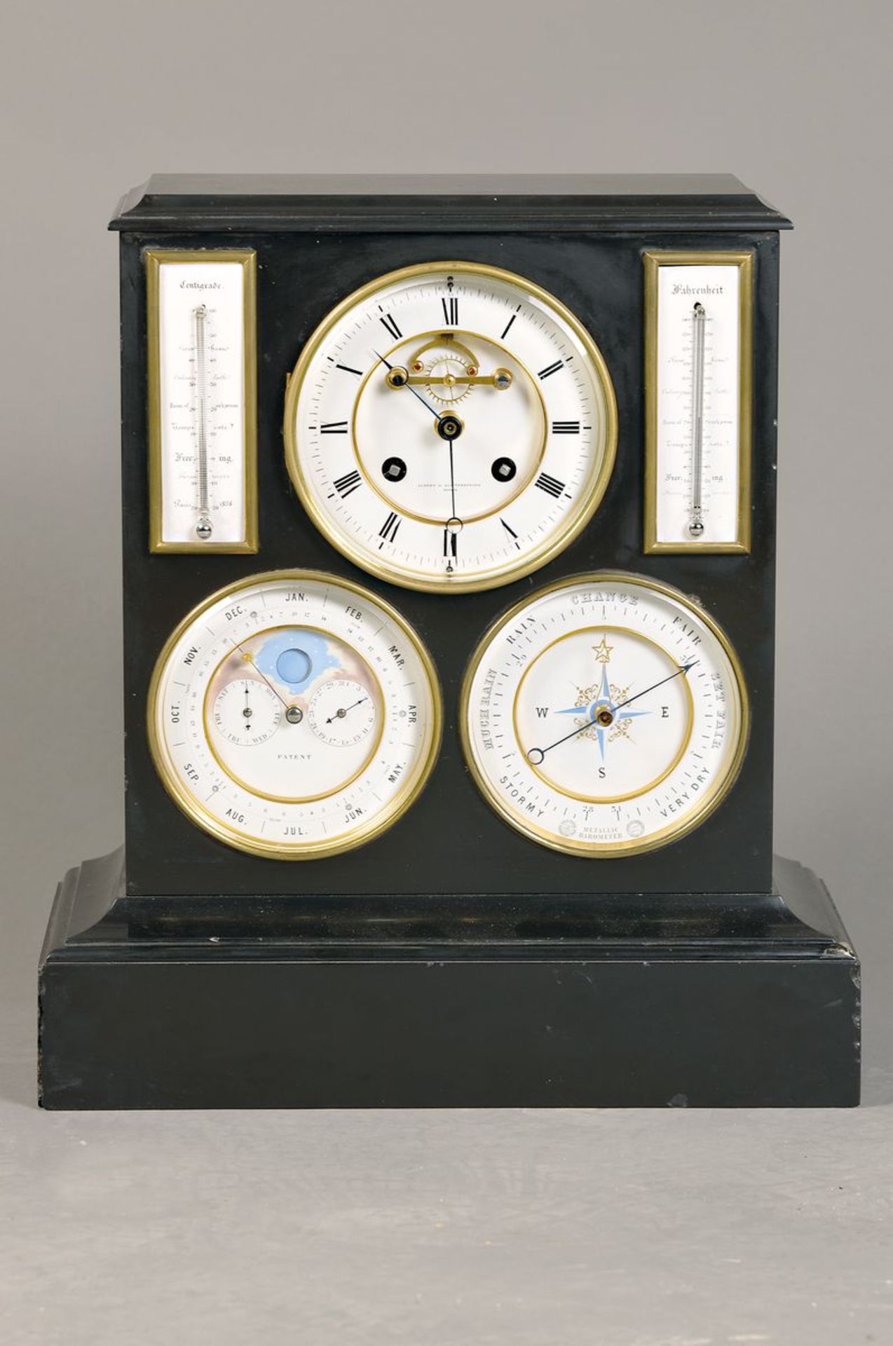 Tischuhr mit Kalendarium, Barometer u. Thermometer, Genf, Aubert&Klaftenberger, um 1900/20,
