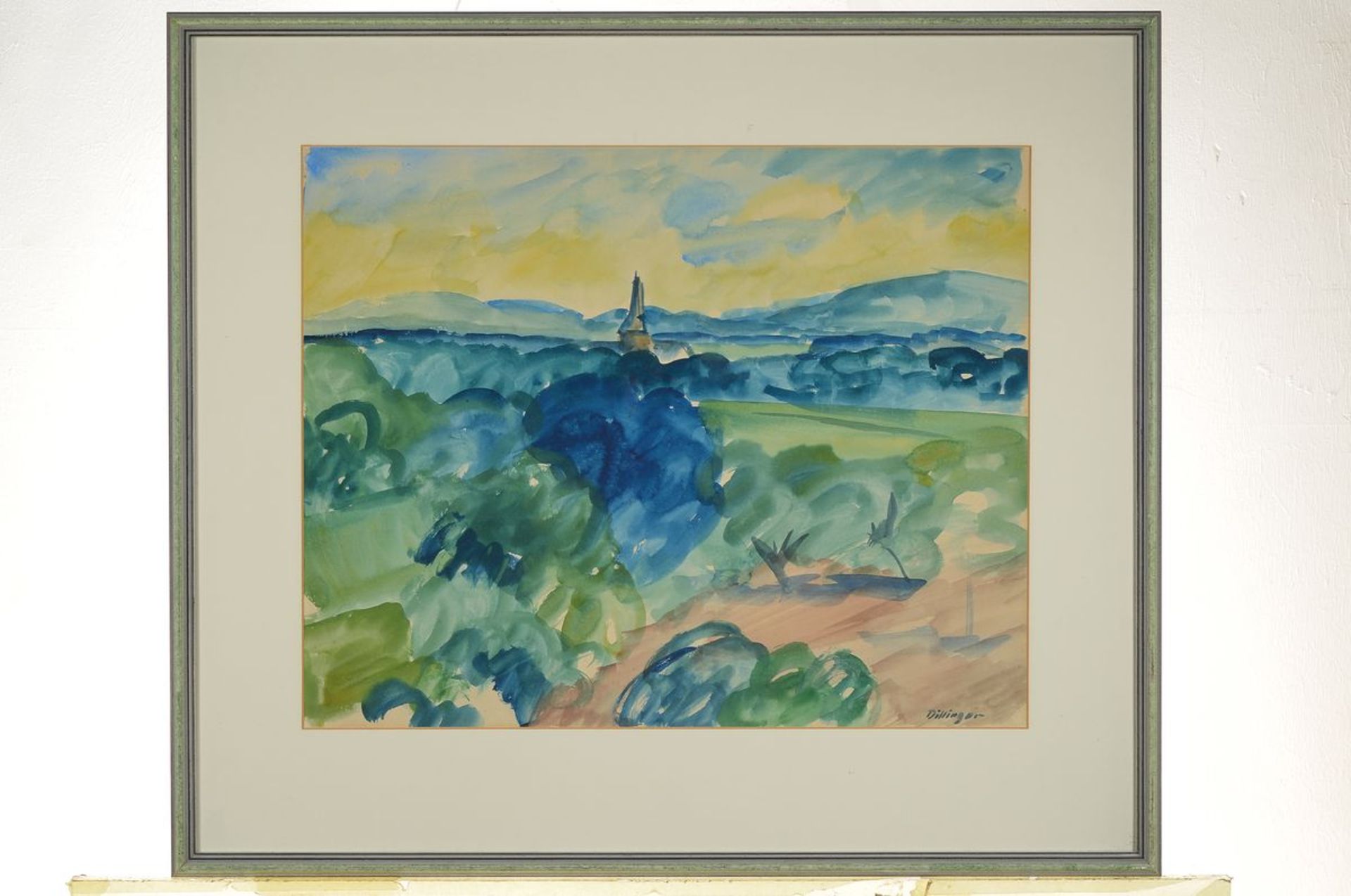 Karl Dillinger, 1882 Karwin-1941 Dirmstein/Pfalz, Weite Landschaft mit Kirchturm, Aquarell auf - Bild 4 aus 5