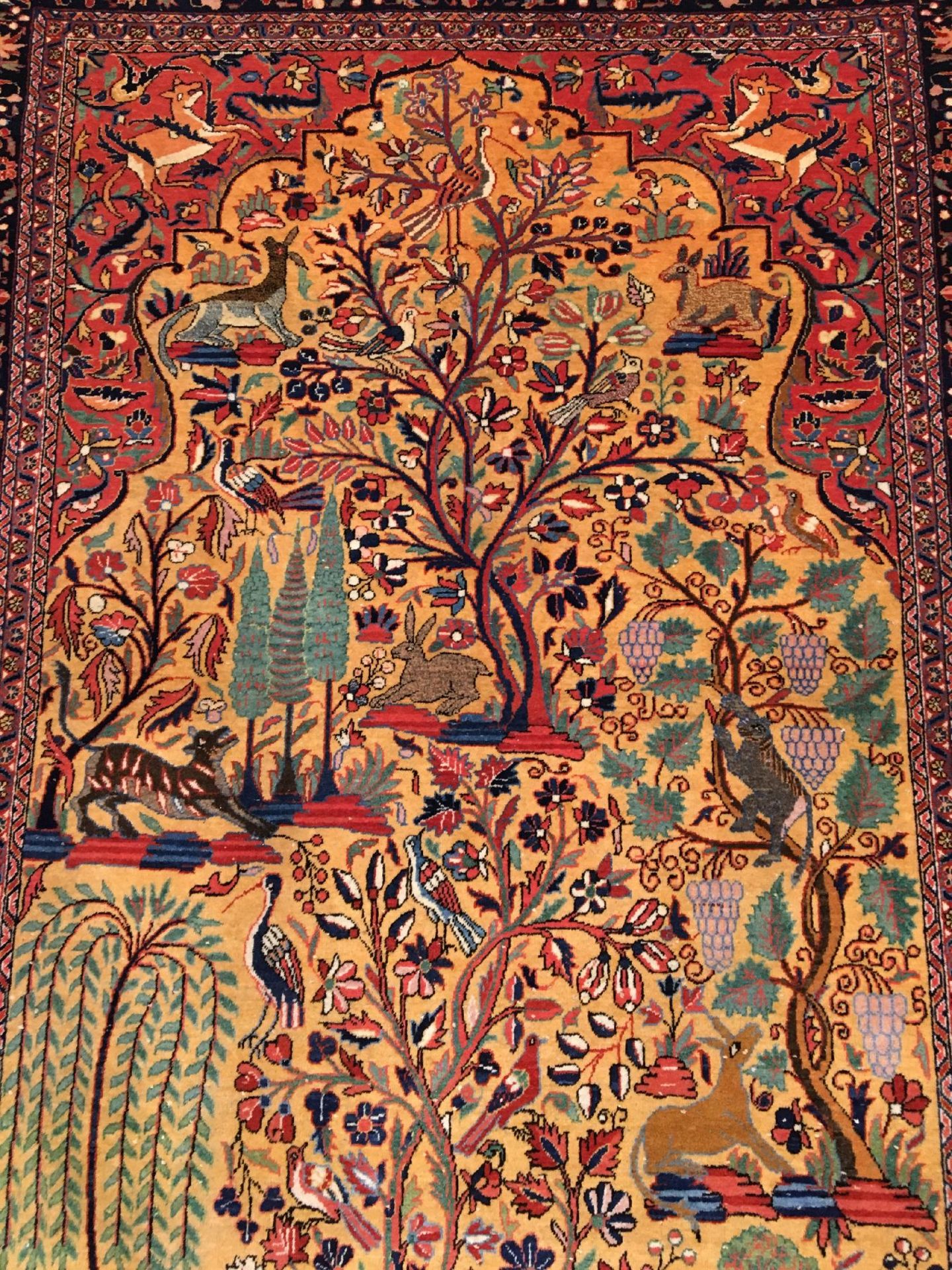 Feiner gelber Keschan antik (Paradies-Lebensbaum), Zentralpersien, um 1900, Korkwolle geknüpft auf - Bild 2 aus 10