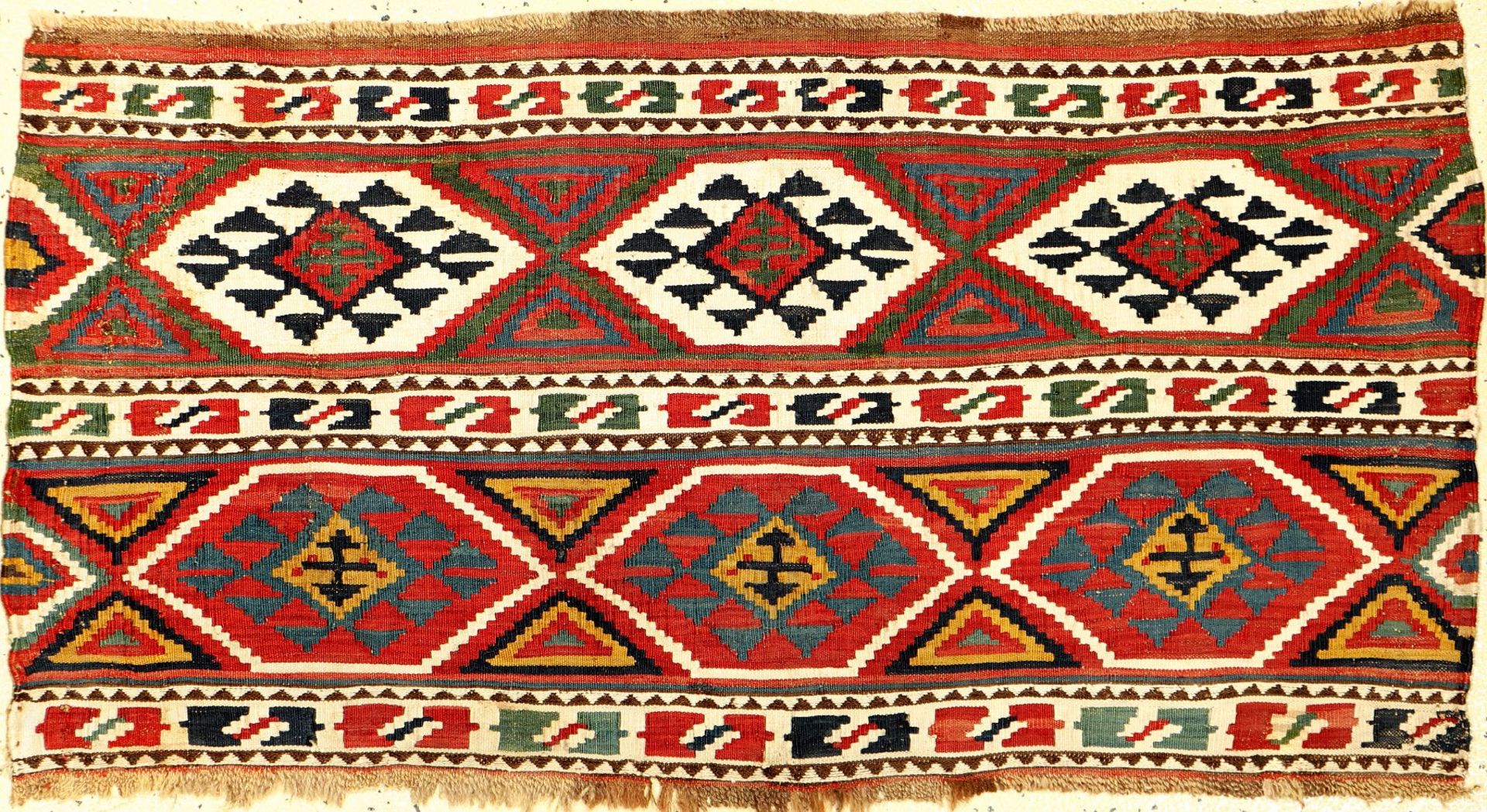 Schahsavan-Kelim "Mafrasch-Seite" antik, Nordwestpersien, 19.Jhd., Wolle mit weißen Baumwoll-