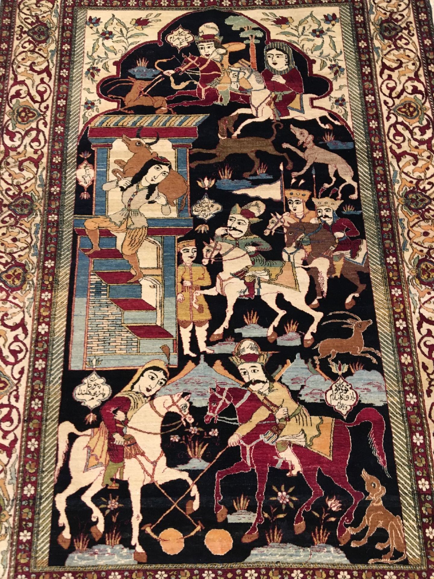 Seltener feiner Esfahan "Ahmad" Bildteppich antik (Geschichte von Bahrame Gur), Zentralpersien, 19. - Bild 2 aus 10