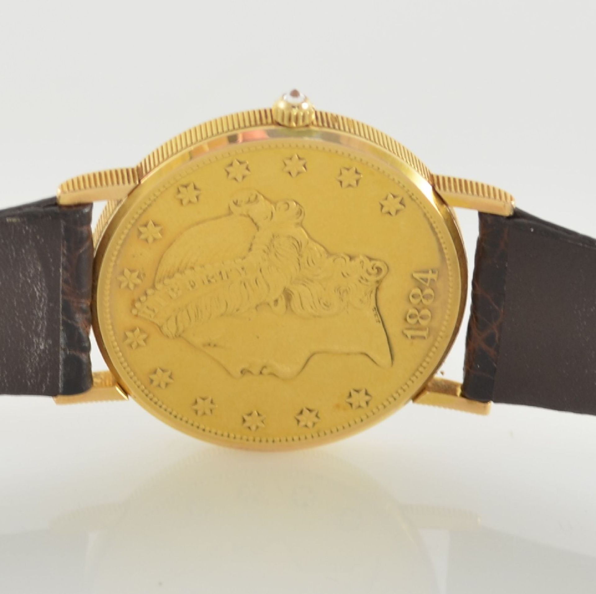 CORUM Twenty Dollars 1884 Herrenarmbanduhr sog. Coinwatch, Schweiz um 1980, Handaufzug, in Form - Bild 8 aus 11