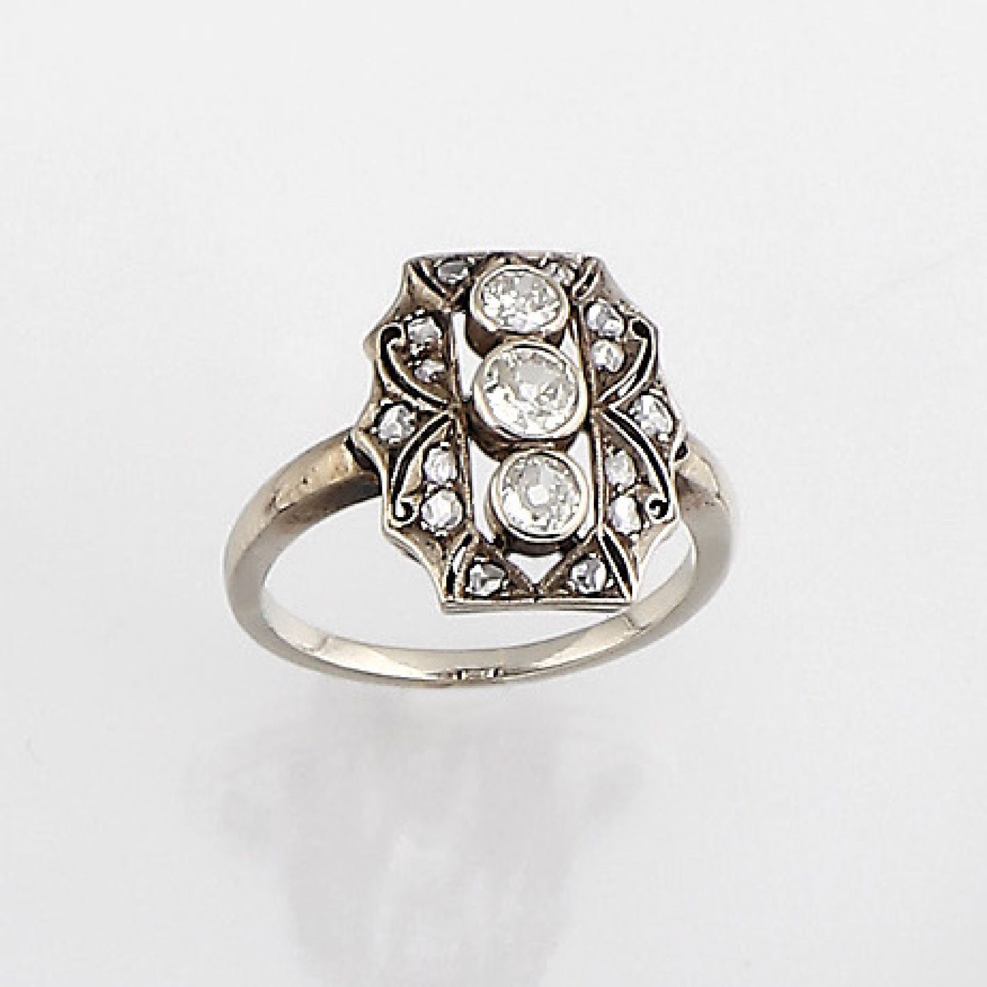 14 kt Gold Art-Deco Ring mit Diamanten, USA um1925, GG 585/000, zeittyp. plat., bes. mit 3