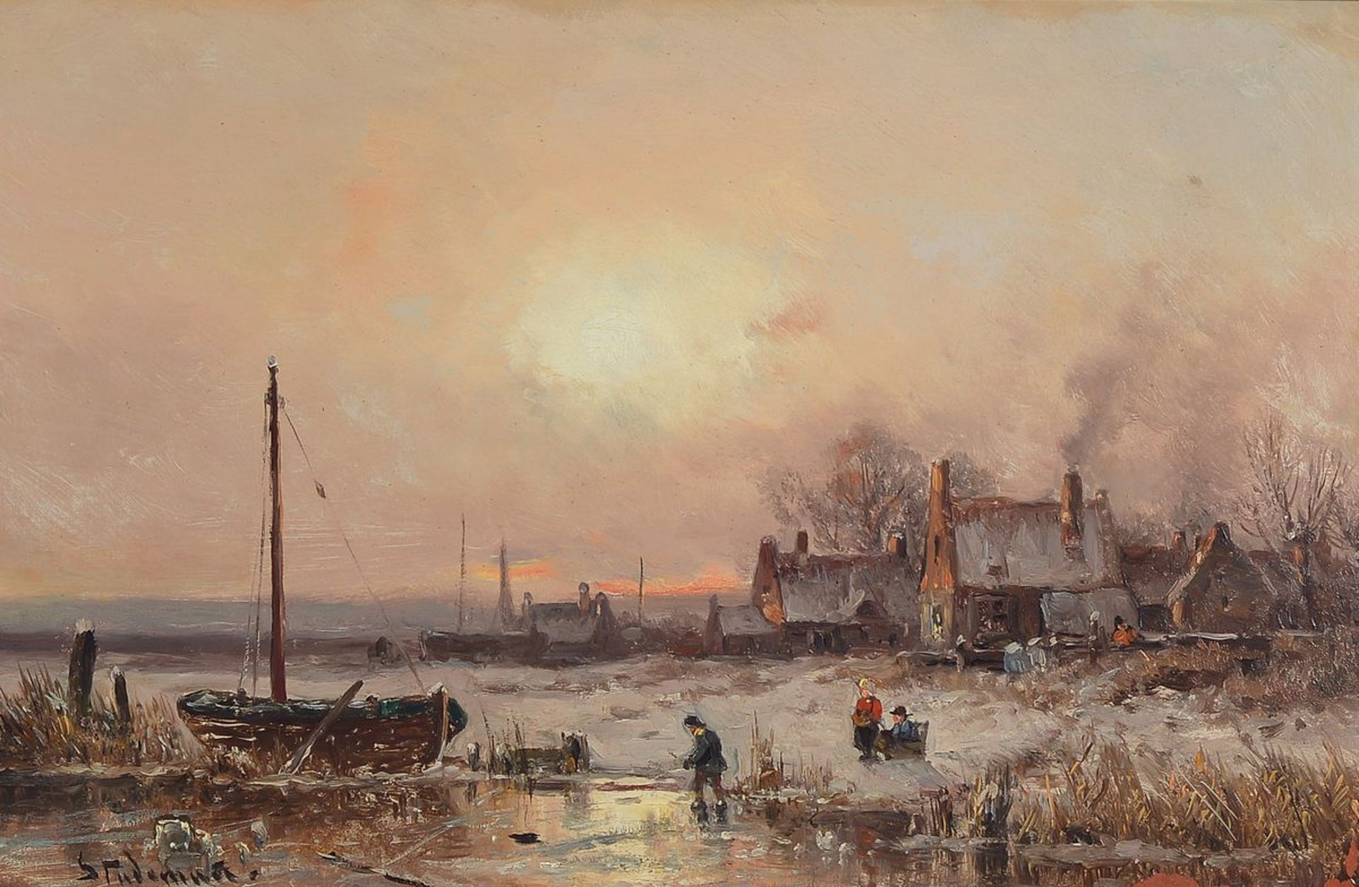 Adolf Stademann, 1824-1895 München, Winterlandschaft am Fluss, im Vordergrund Kinder mit Schlitten