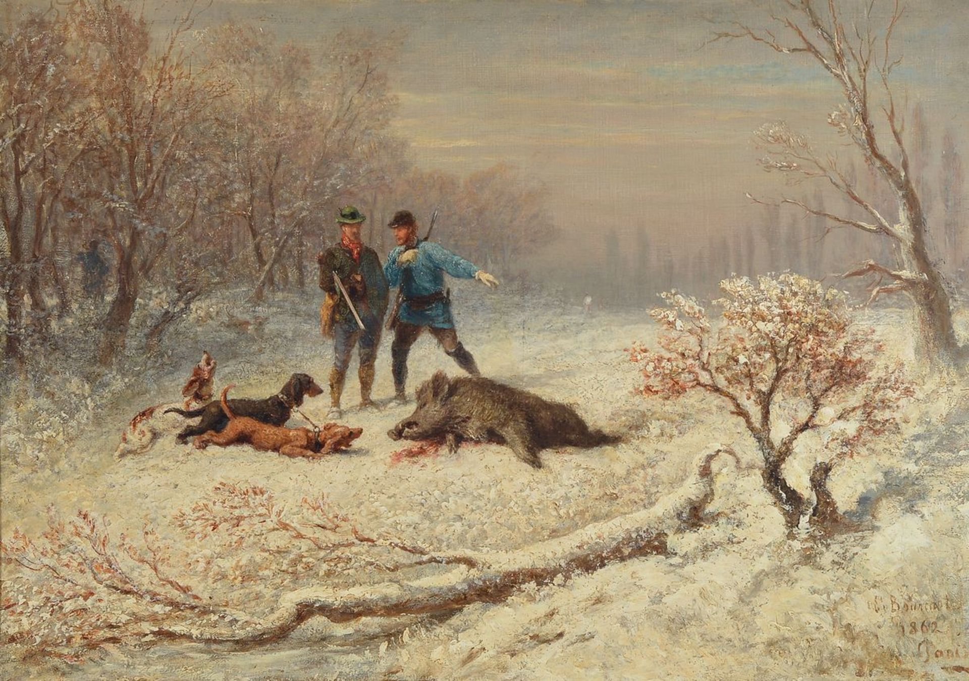 Emile Bourcart, 1827 Gubwiller - 1900 Genf, Wildschweinjagd im Schnee, Öl/Lwd, sign. datiert 1862