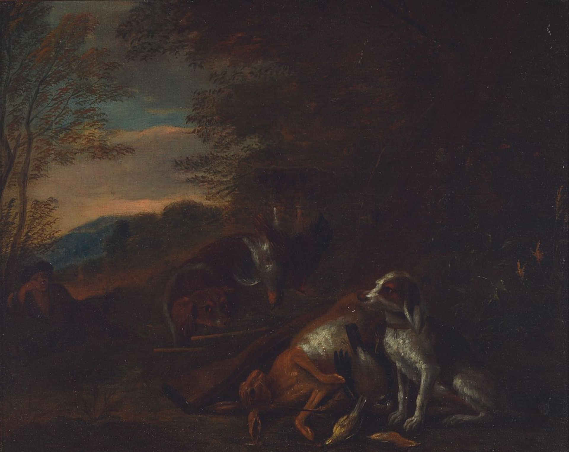 Adriaen de Gryeff, 1657-1722, Jagdszene, zwei Hunde bewachen den erlegten Hasen, daneben ein Gewehr,