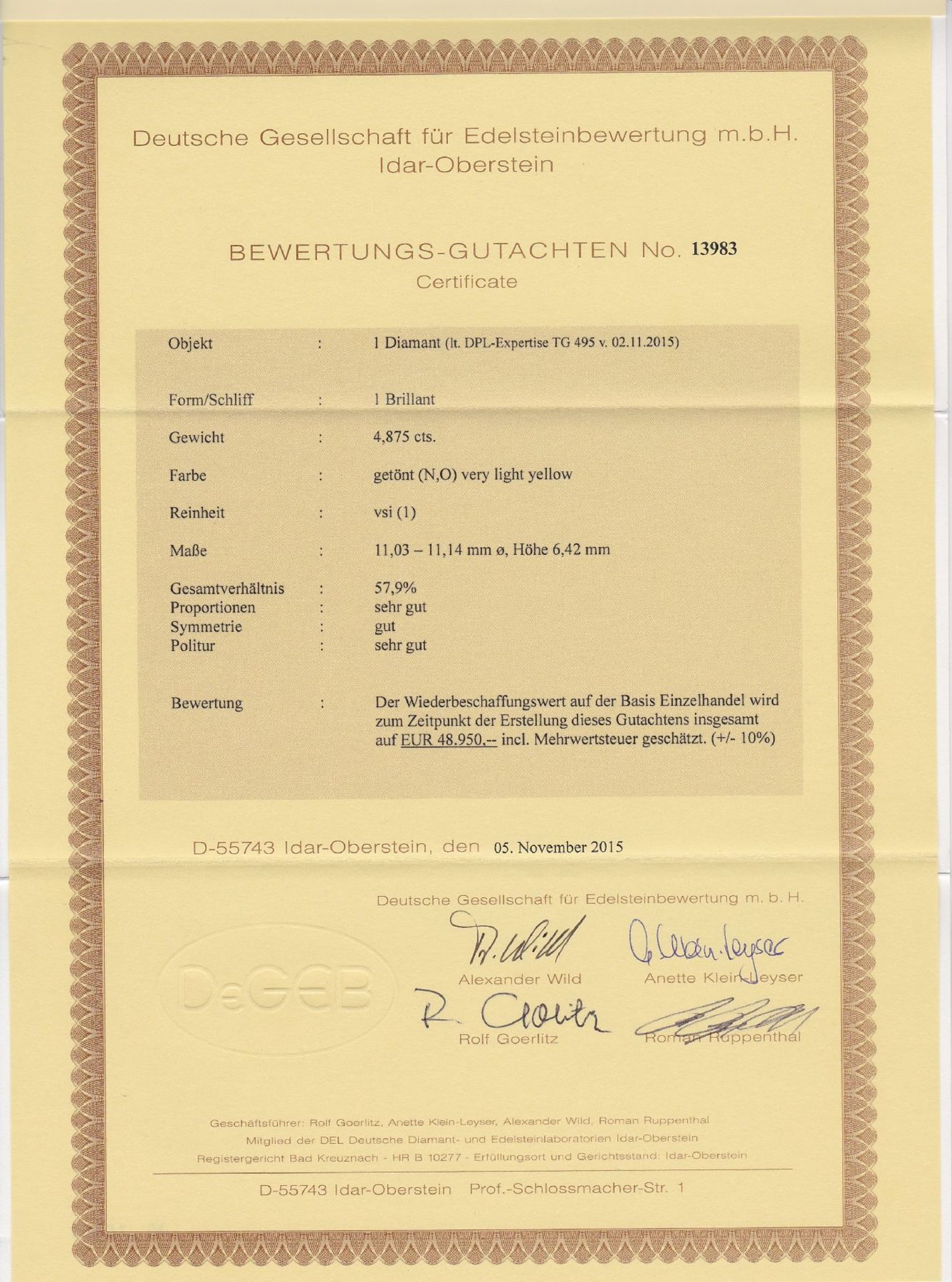 Brillant 4.875 ct get./vsi1, DPL Gutachten 11/2015 (N/O) very light yellow, D. 11.03- 11.14 mm, H - Bild 3 aus 3