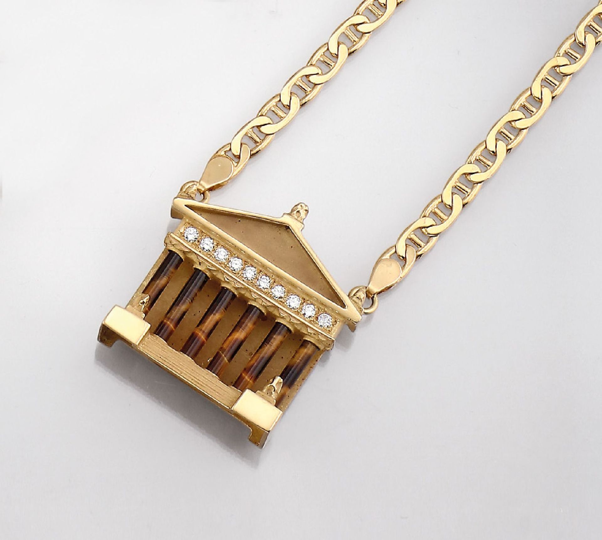 18 kt Gold Collier "Pantheon" mit Tigeraugen und Brillanten, GG 750/000, 6 Säulen aus Tigerauge,