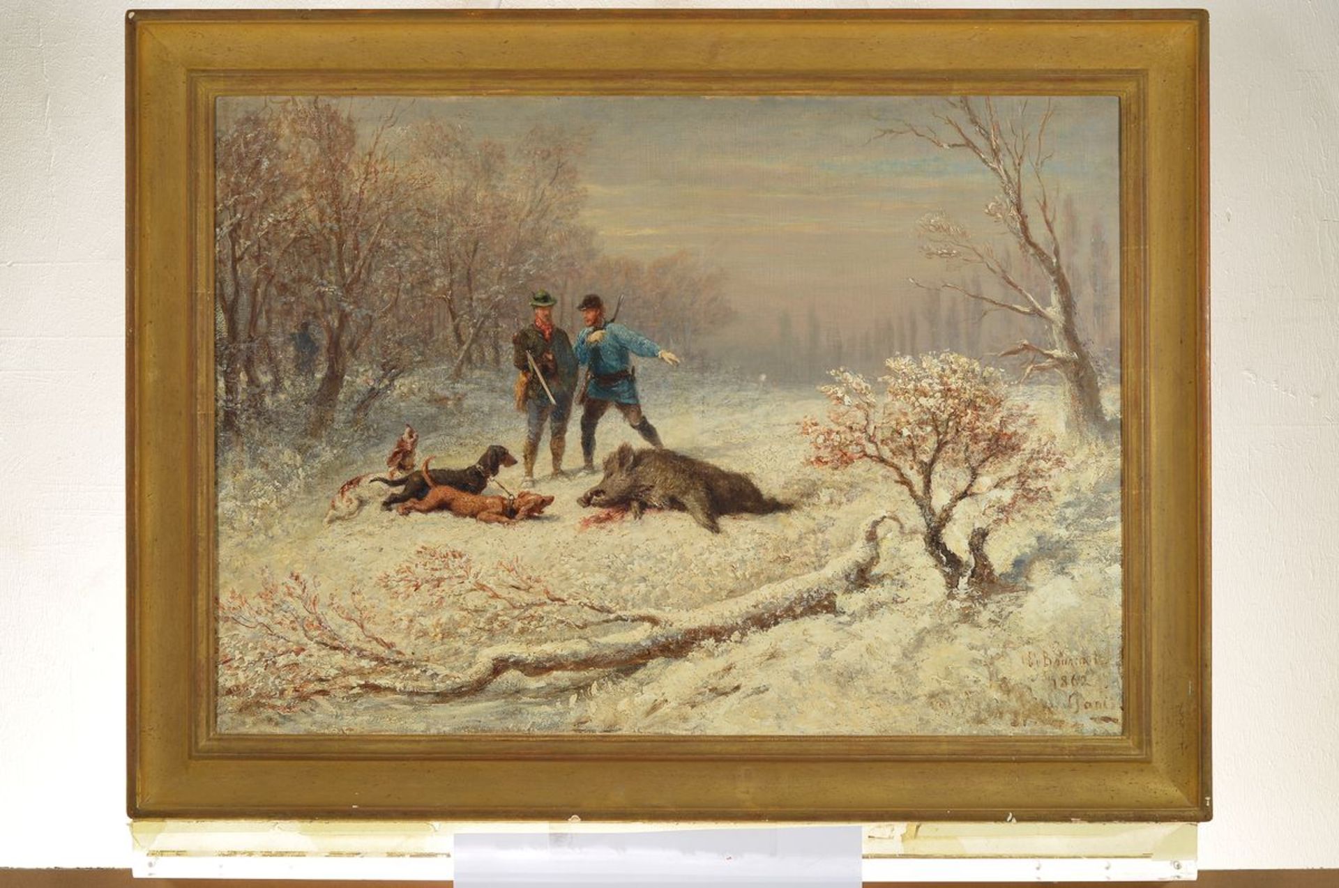 Emile Bourcart, 1827 Gubwiller - 1900 Genf, Wildschweinjagd im Schnee, Öl/Lwd, sign. datiert 1862 - Bild 3 aus 3