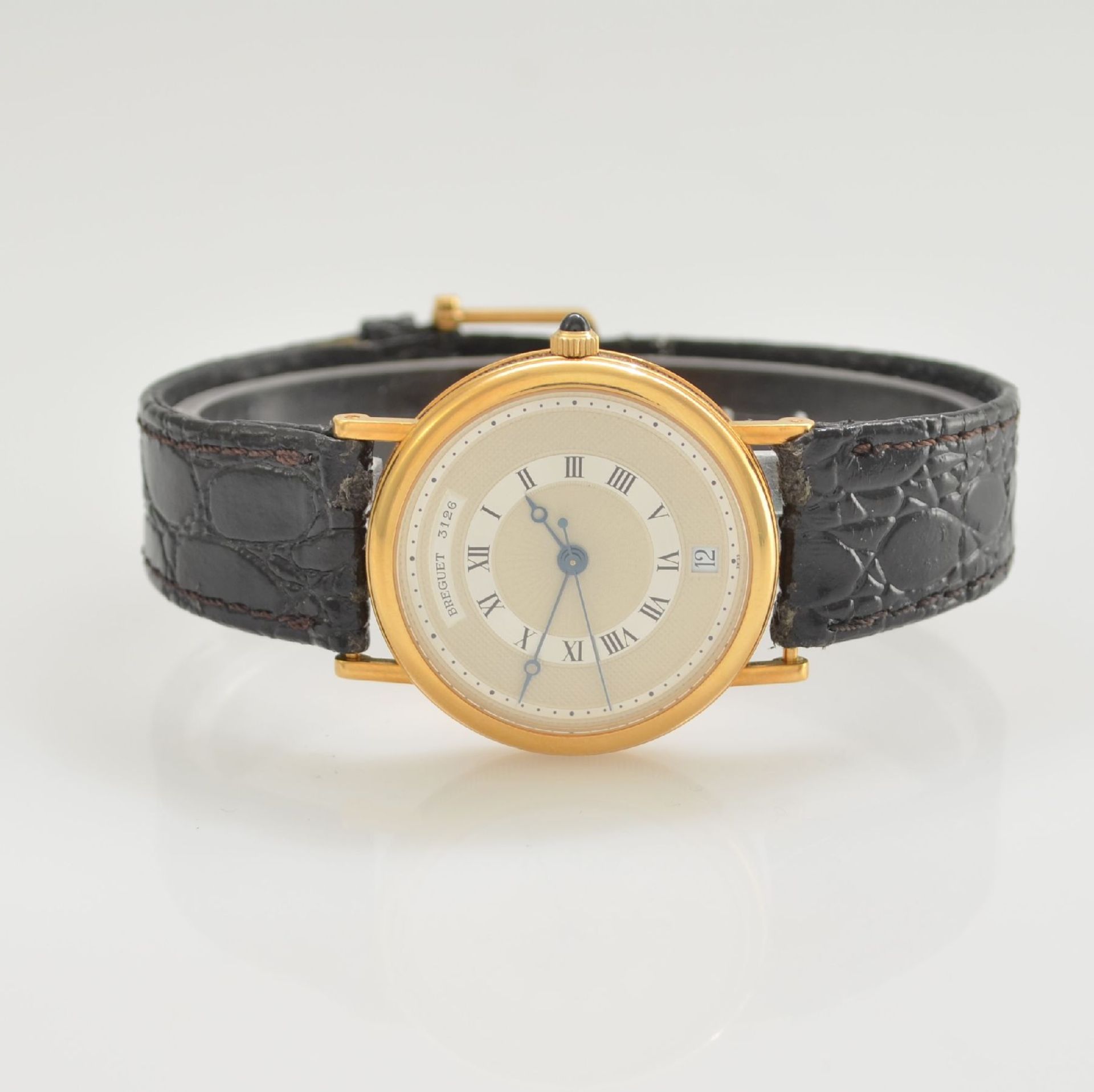 BREGUET Classique Armbanduhr in GG 750/000 No. 3126, Schweiz um 1990, 3-teil. Geh. inkl. Lederband
