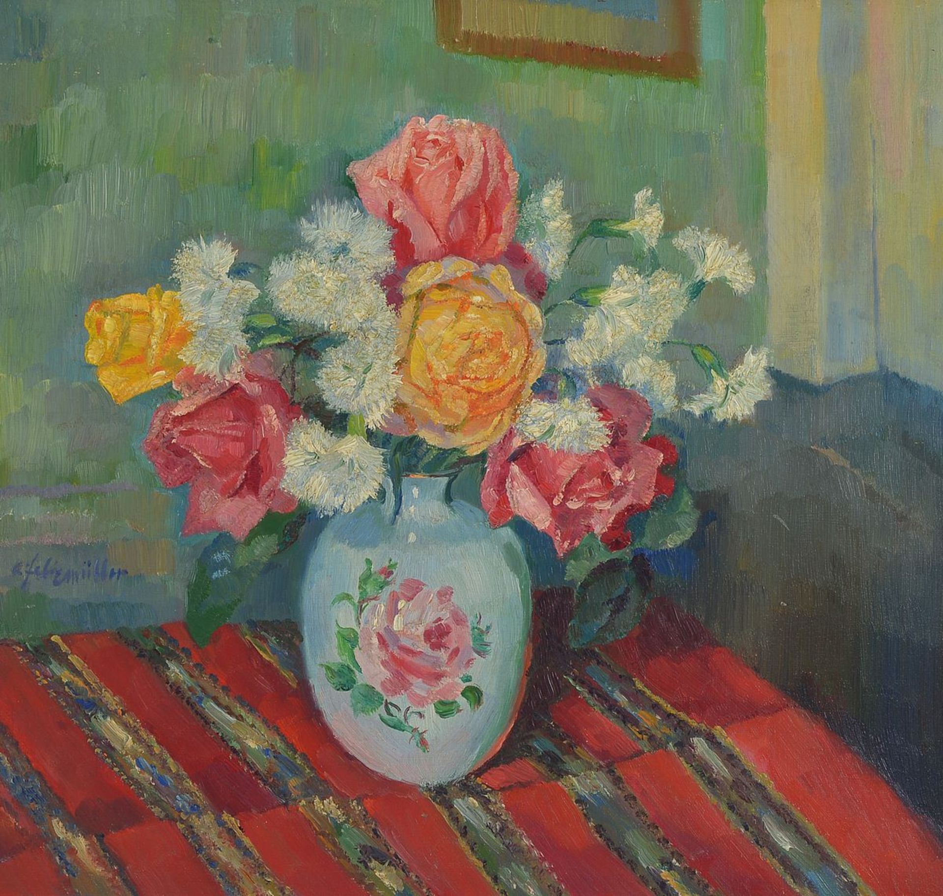 Conrad Felixmüller, 1897-1977, Rosen und Nelken in der Rosenvase auf roter Decke, Öl/Hartfaser, am