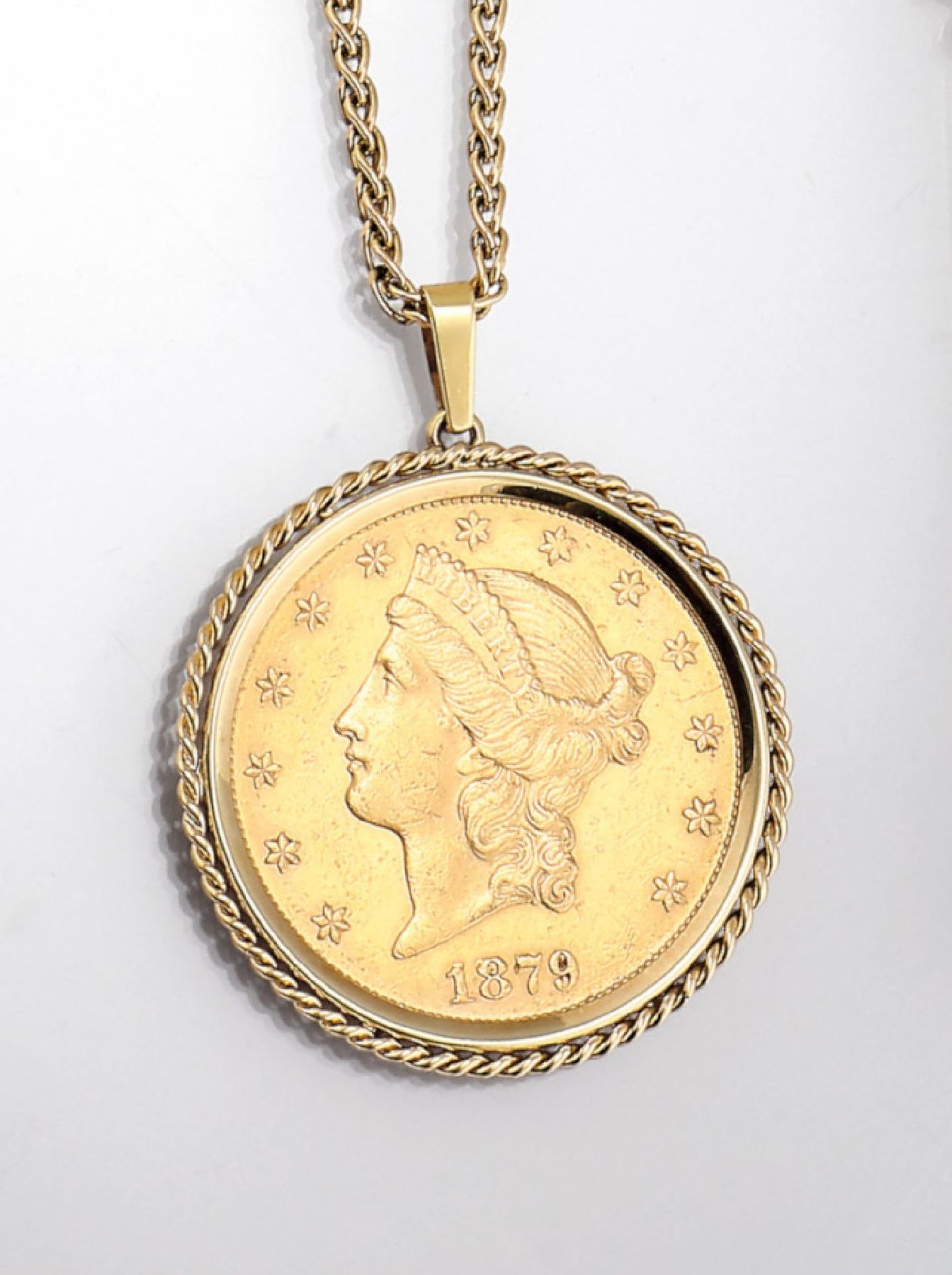 14 kt Gold Münzanhänger, 20 Dollars, USA, 1879, Lady Liberty, Fassung GG 585/000, mit