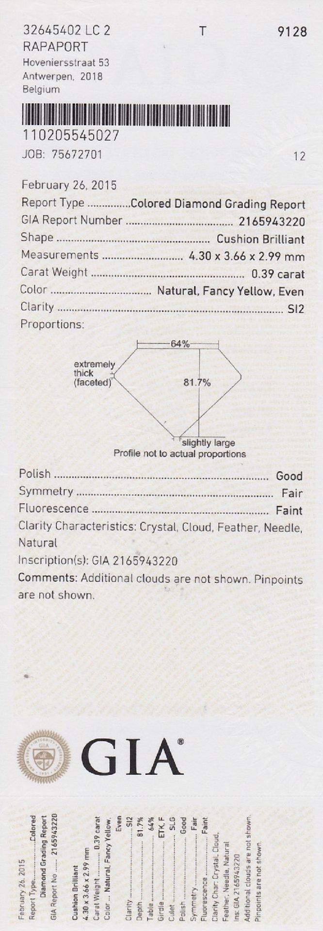 Loser Diamant, 0.39 ct Natural fancy yellow/si2, Kissenschliff, 4.30 x 3.66 x 2.99 mm, mit GIA- - Bild 4 aus 4