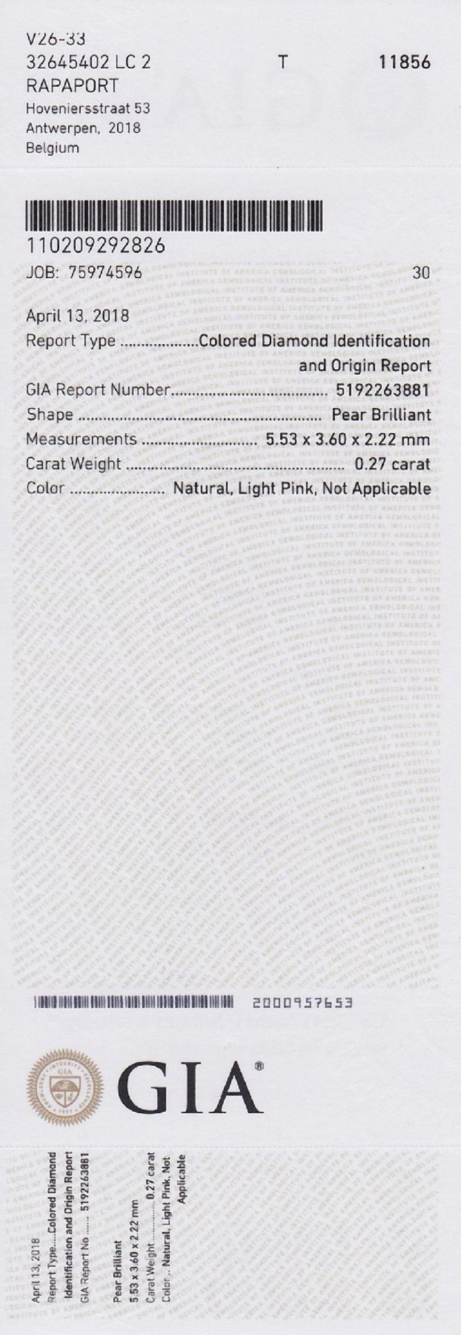 Loser Diamant, 0.27 ct Natural light pink, tropfenf. facett., 5.53 x 3.60 x 2.22 mm, mit GIA- - Bild 4 aus 4