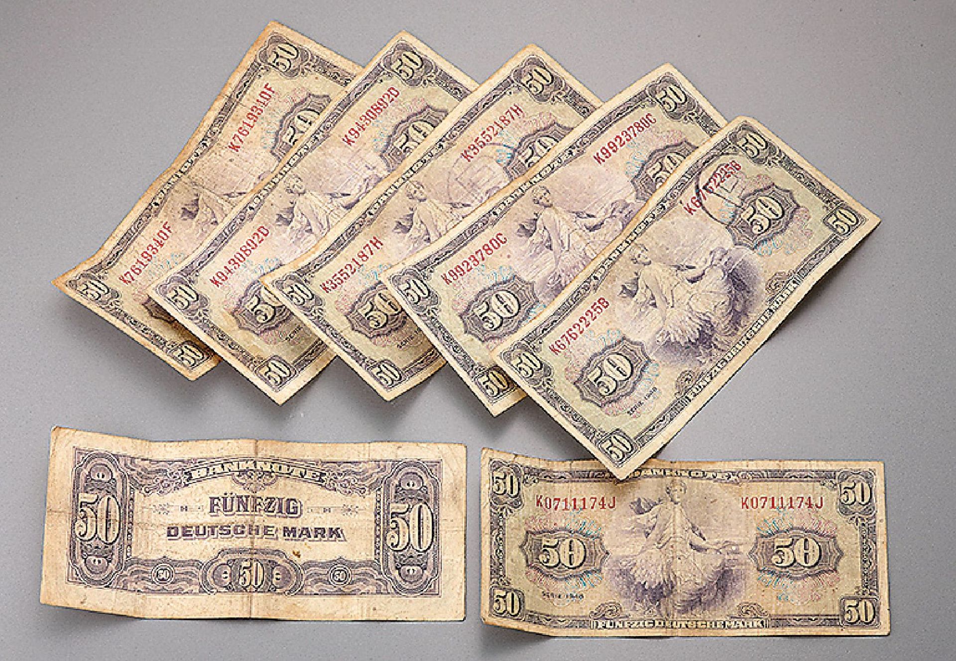 Konvolut 7 Banknoten, 50 Mark, Deutschland, 1948, Serie 1948, SN: K0711174J, K7619340F,K6762225B,