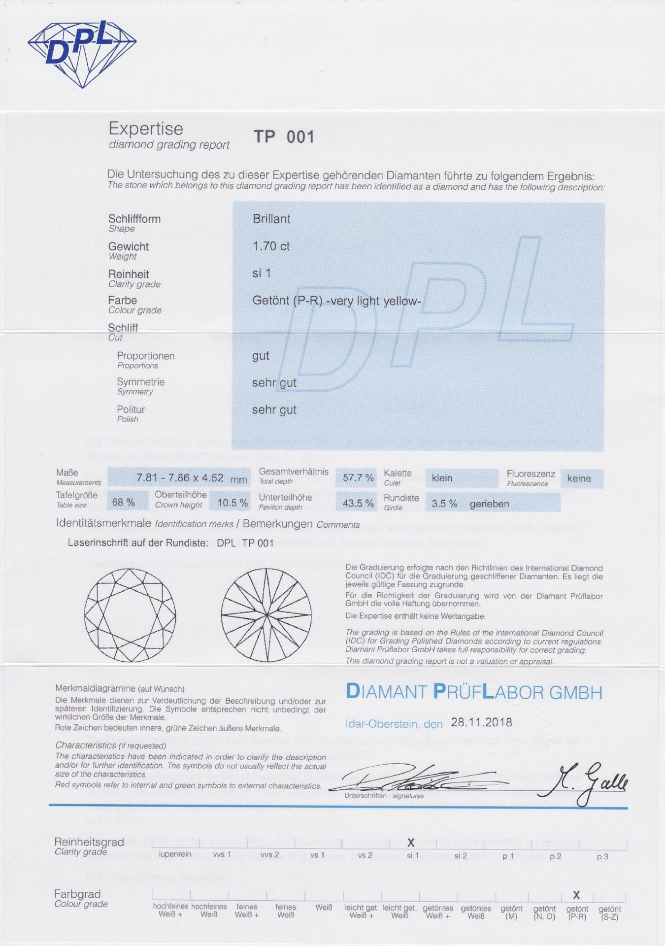 Loser Brillant, 1.70 ct (P-R)/si1-very light yellow-, Proportion: gut, Symmetrie und Politur: sehr - Bild 2 aus 2