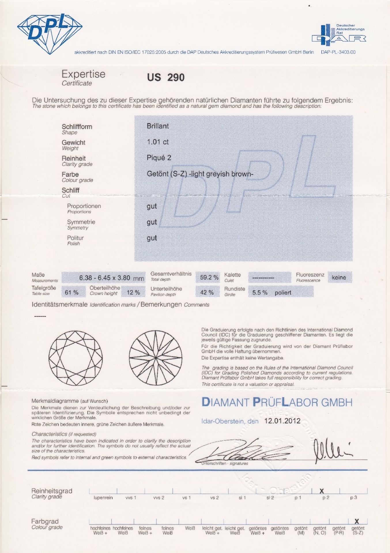 Loser Brillant 1.01 ct Getönt (S-Z)/p 2, DPL Expertise 01/2012 Schätzpreis: 5903, - EURLoose - Bild 2 aus 2