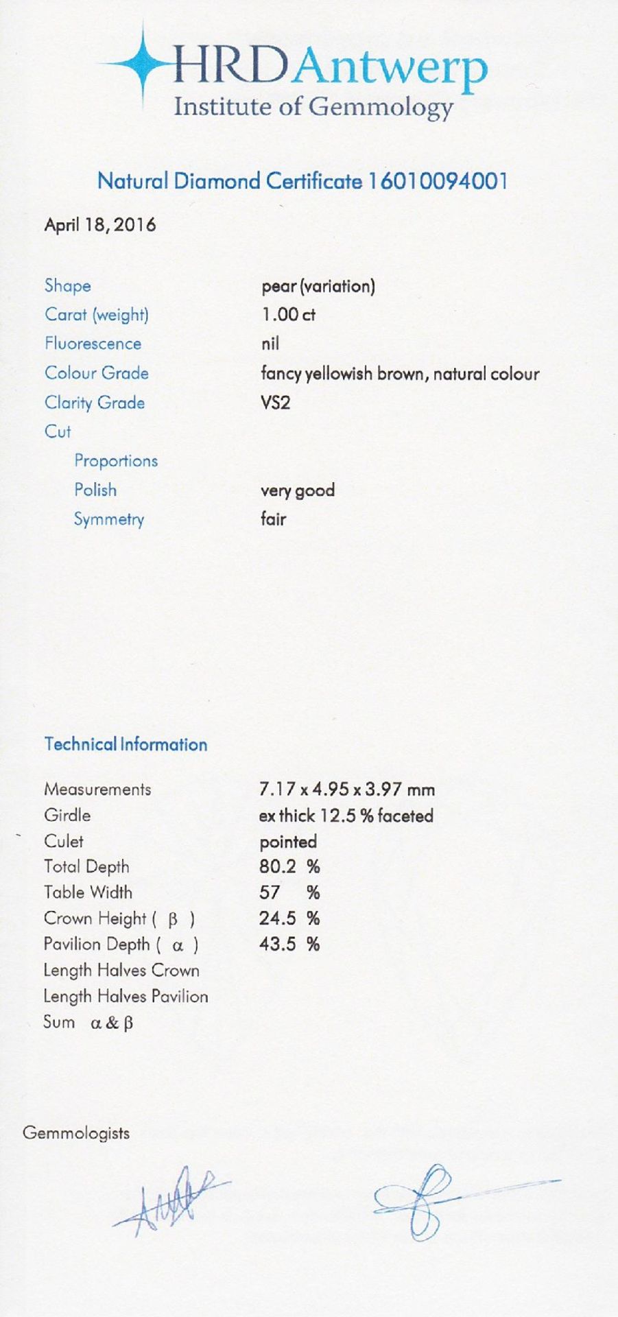 Loser Diamant, 1 ct Natural fancy yellowish brown/vs2, tropfenf. facett., 7.17 x 4.95 x 3.97 mm, mit - Bild 4 aus 4