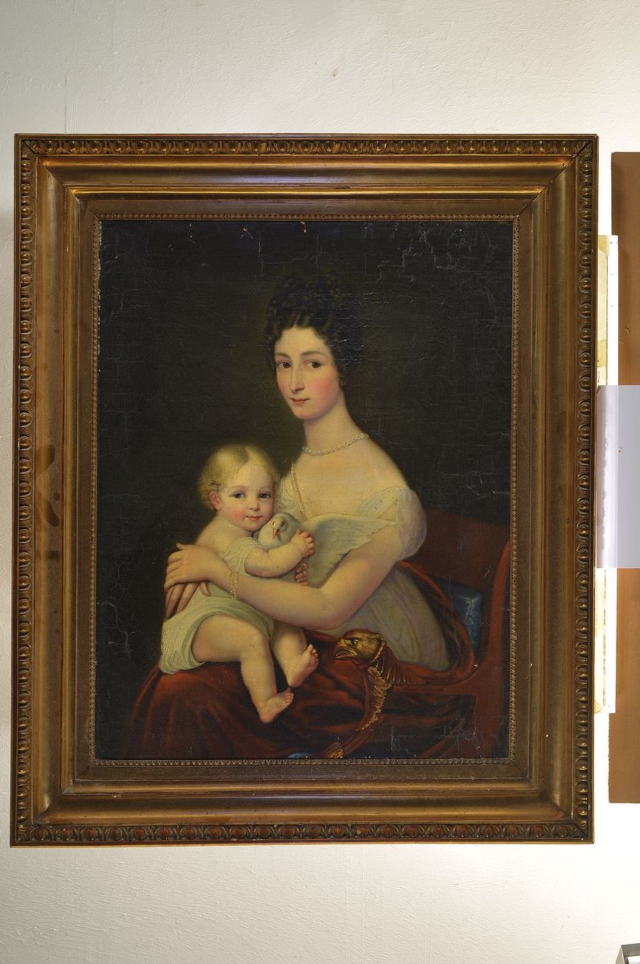 Frank, Porträtist des frühen 19. Jh., zwei Porträts von Mann und Frau mit Kind und Taube, Öl/Lwd, - Bild 4 aus 4