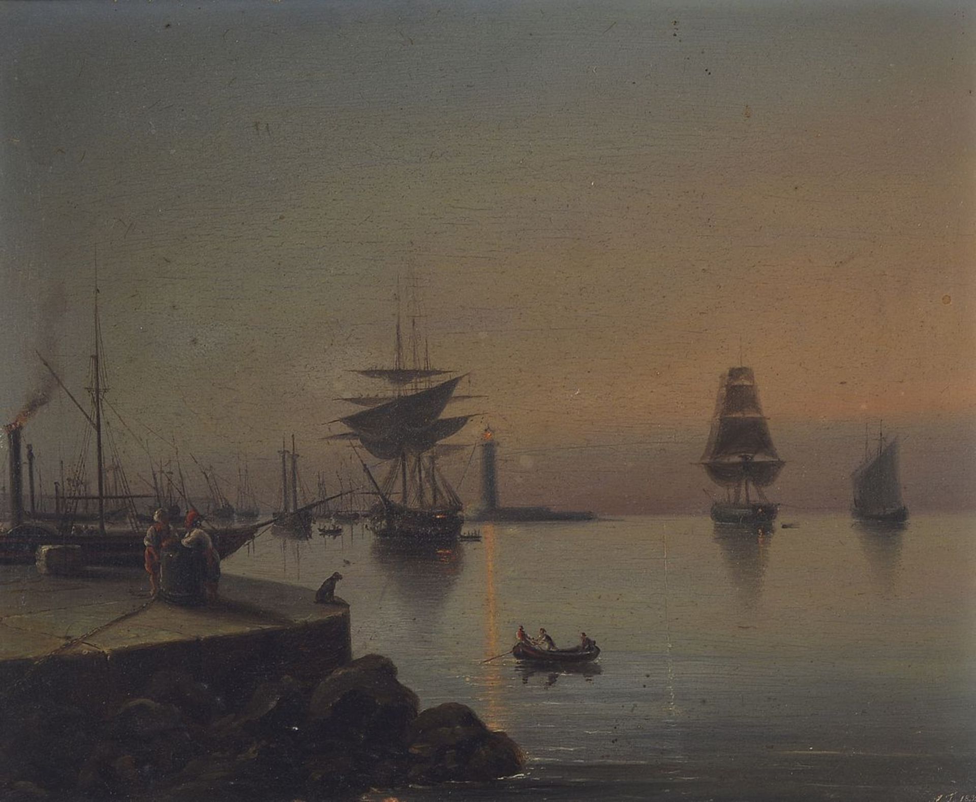 Monogrammist A.T., Niederlande, datiert 1839 , Fischerboote im und vor dem Hafen im Morgengrauen,