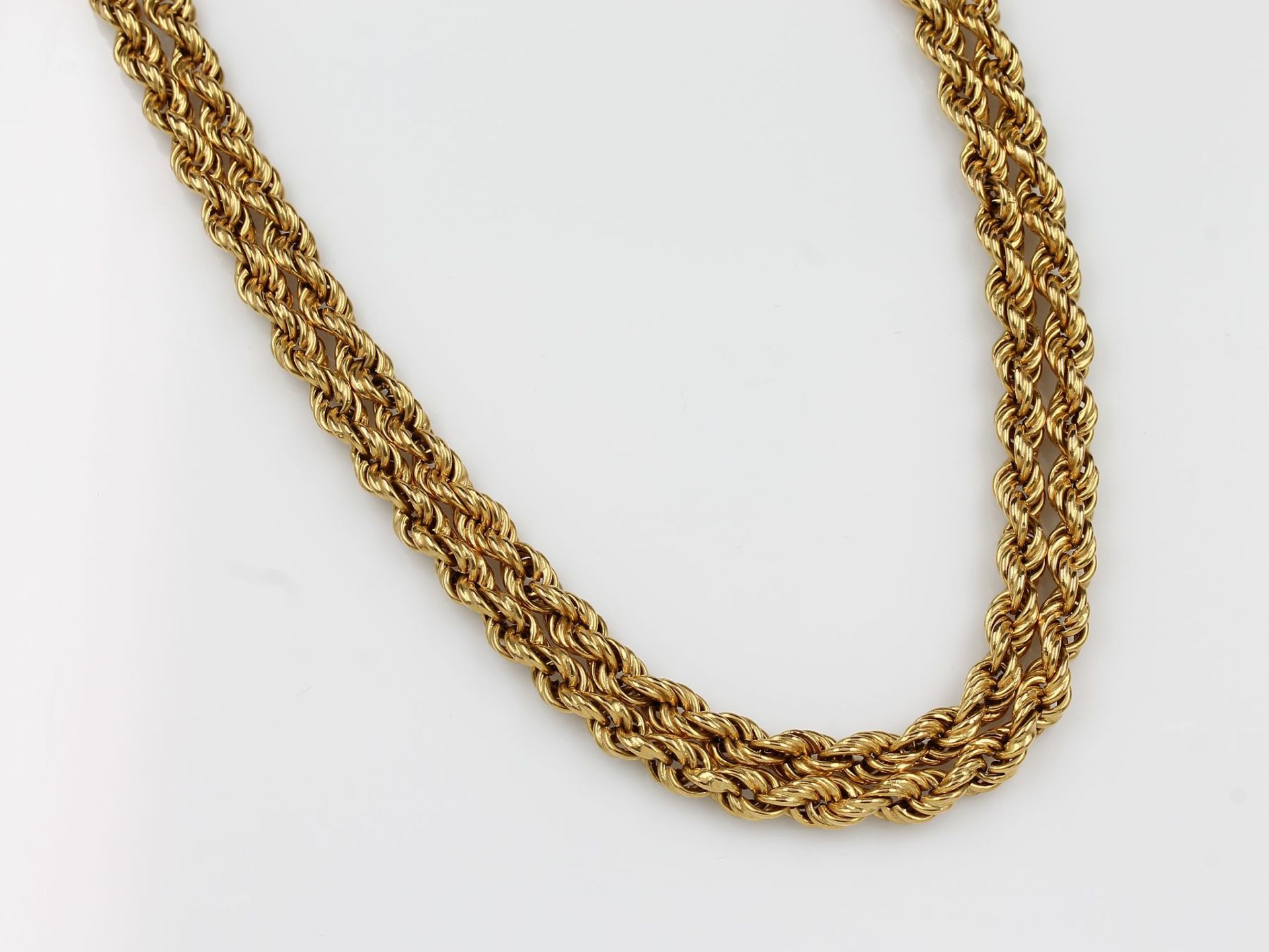 18 kt Gold überlanges Kordelcollier, ca. 82.2 g, GG 750/000, L. ca. 192 cm, Designerschließe18 kt