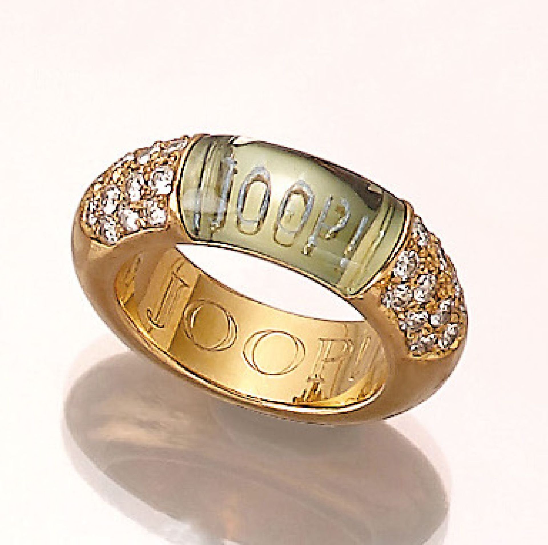 Massiver 18 kt Gold JOOP Ring mit Brillanten, GG 750/000, geschliffenes grünes Glas mit Logo,