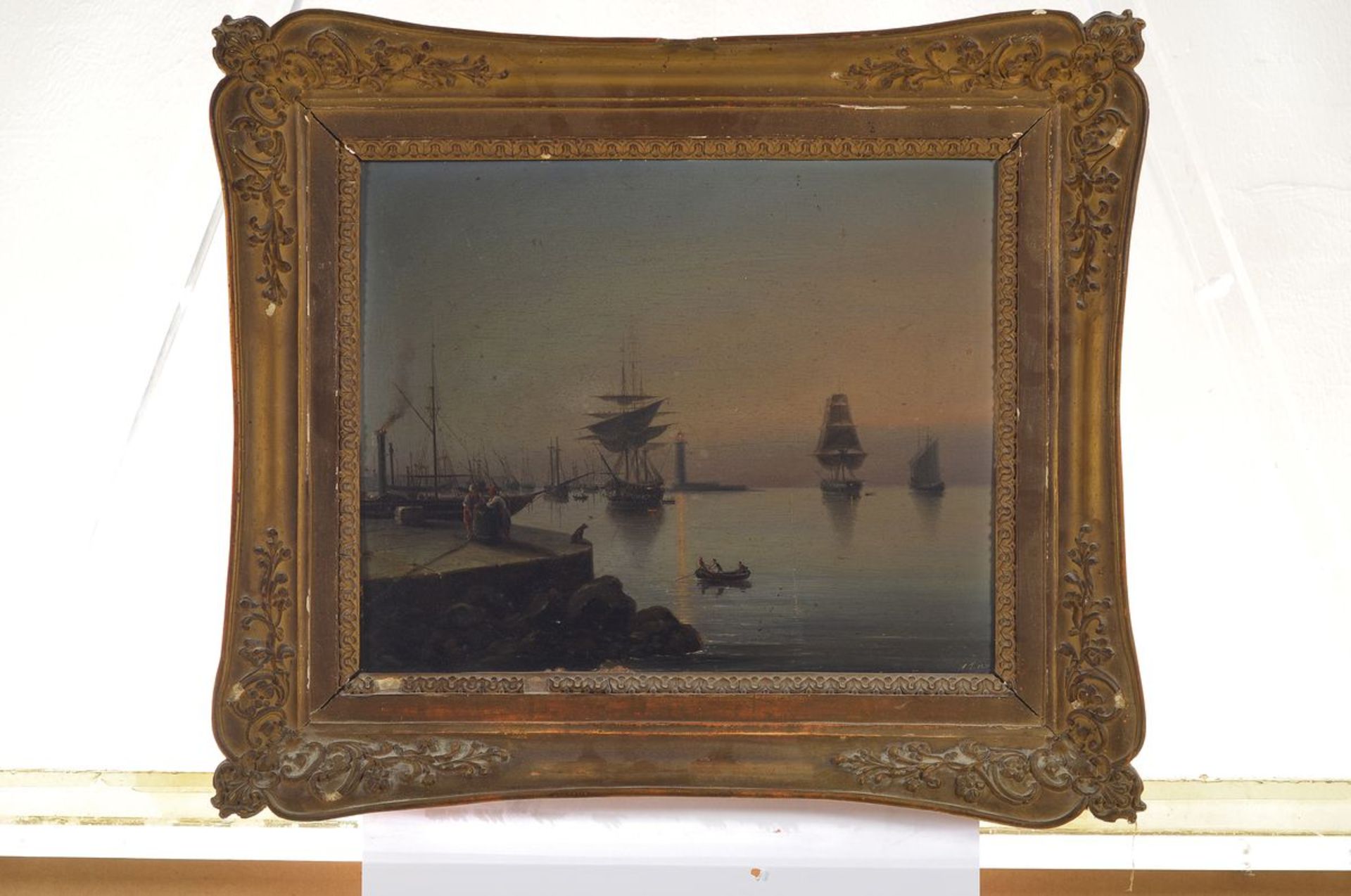 Monogrammist A.T., Niederlande, datiert 1839 , Fischerboote im und vor dem Hafen im Morgengrauen, - Bild 2 aus 2