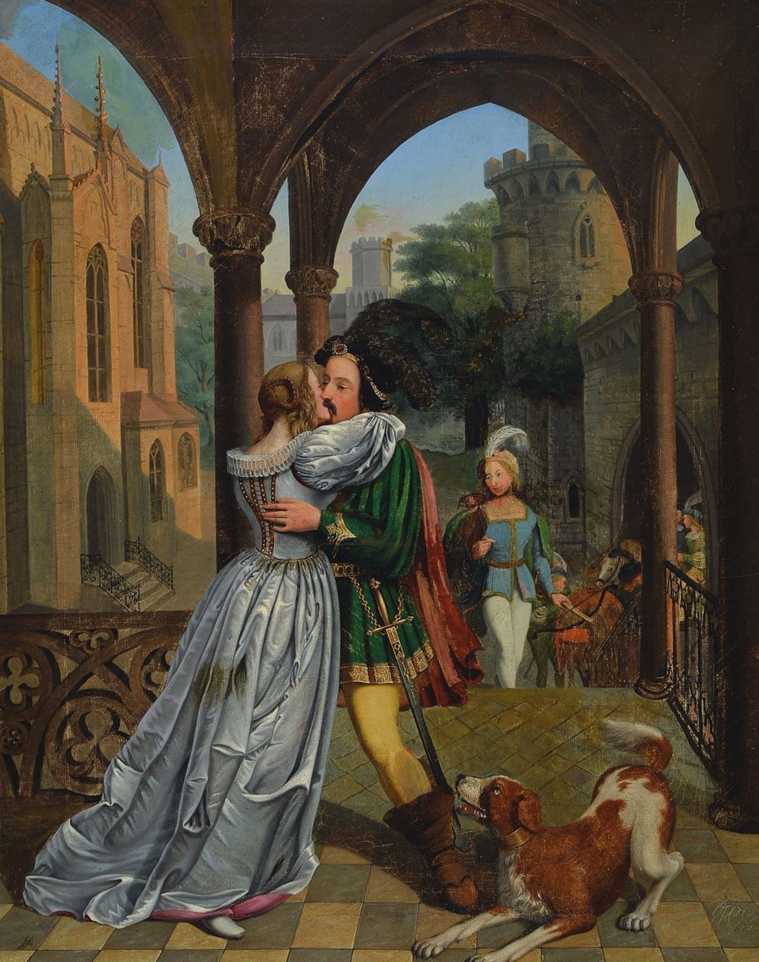 Unbekannter Künstler des 19. Jh., sich küssendes mittelalterliches Paar unter einem Torbogen im