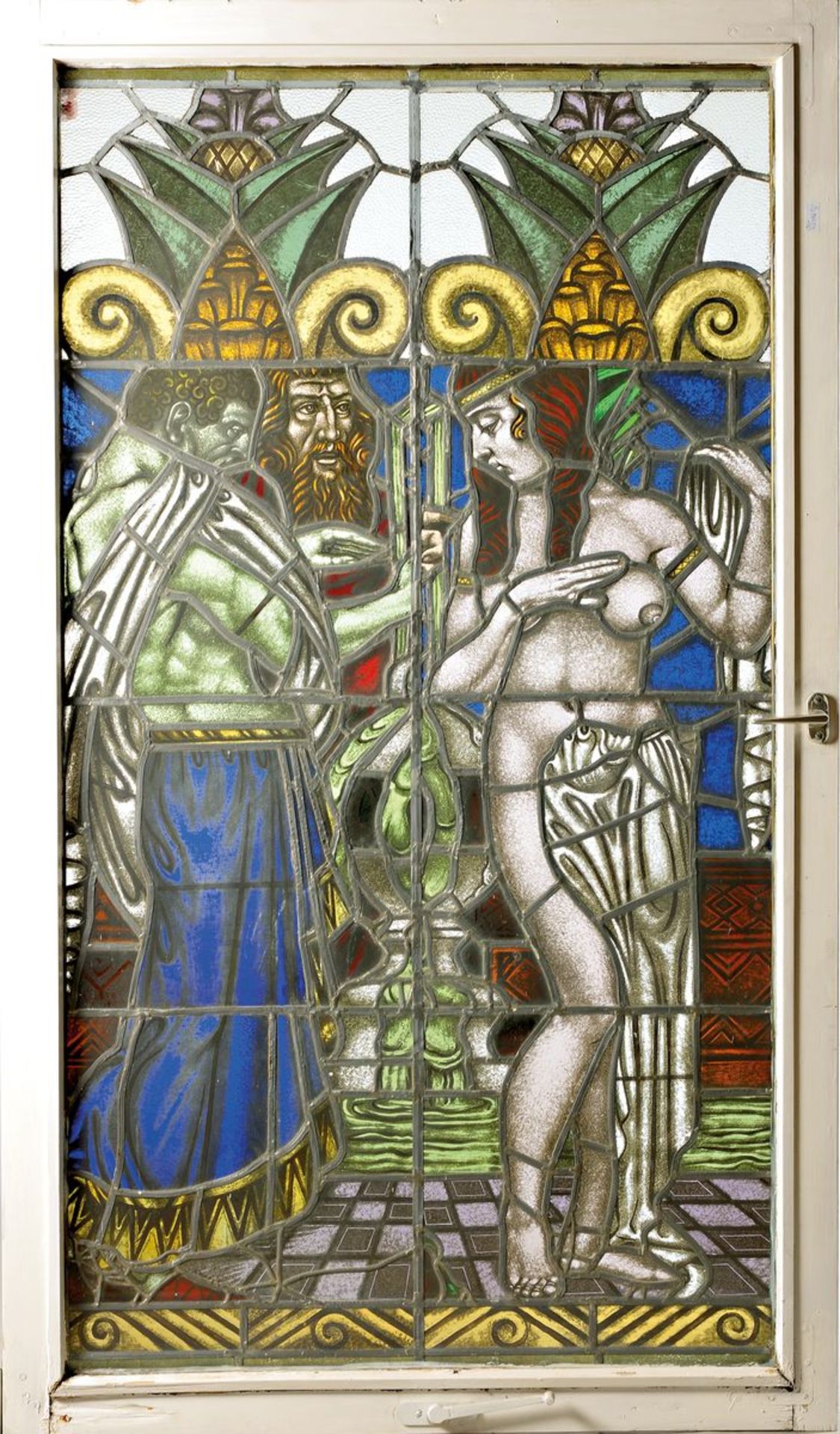 Große Bleiverglasung, Raum Nürnberg, um 1880/1900, Susanna im Bade, bunte und farblose Glasscheiben,