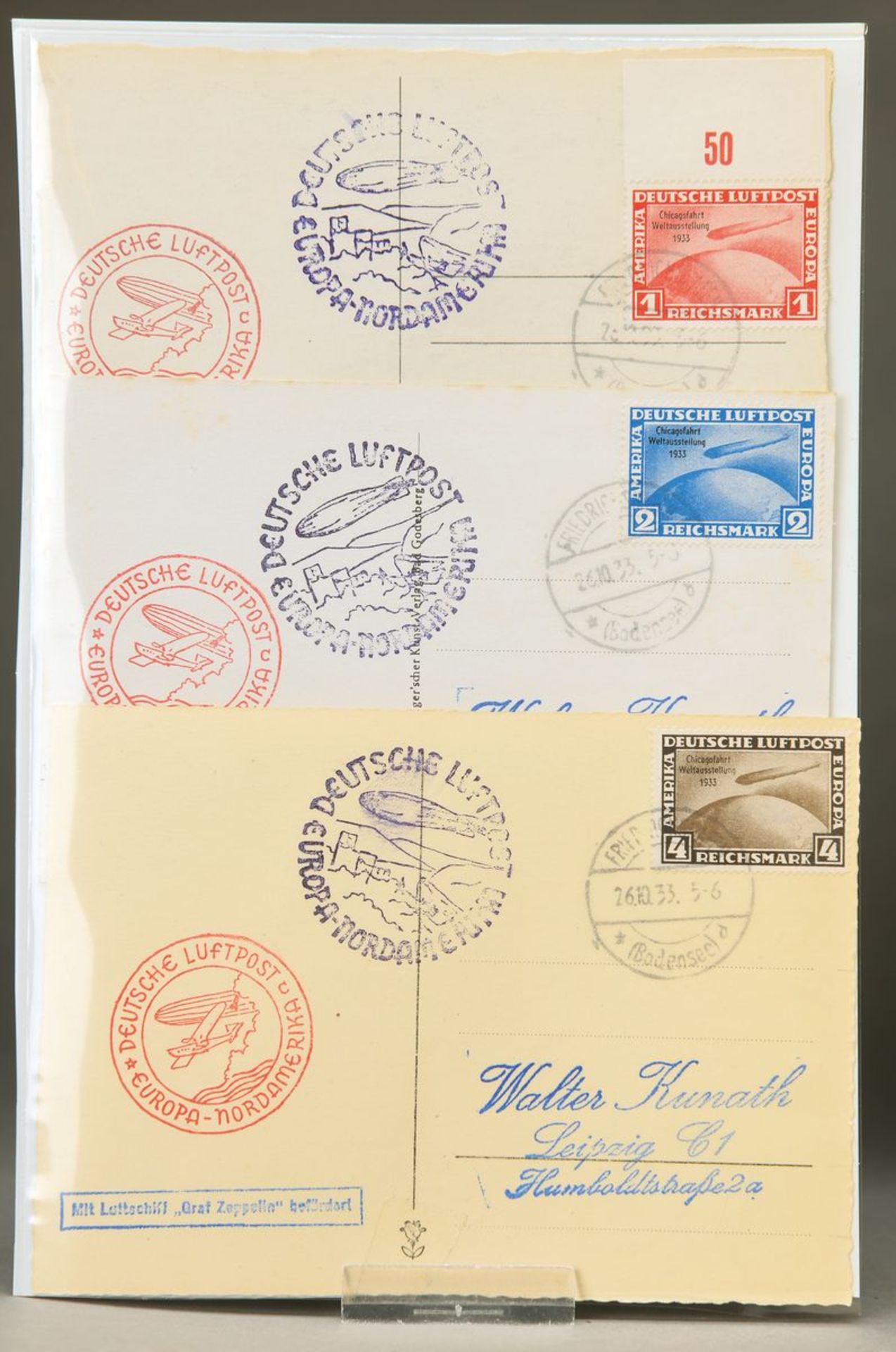 3 Postkarten, Chicago-Fahrt 1933, Weltausstellung, Satz auf 3 Postkarten verteilt, 1,2 u. 4 Mark,