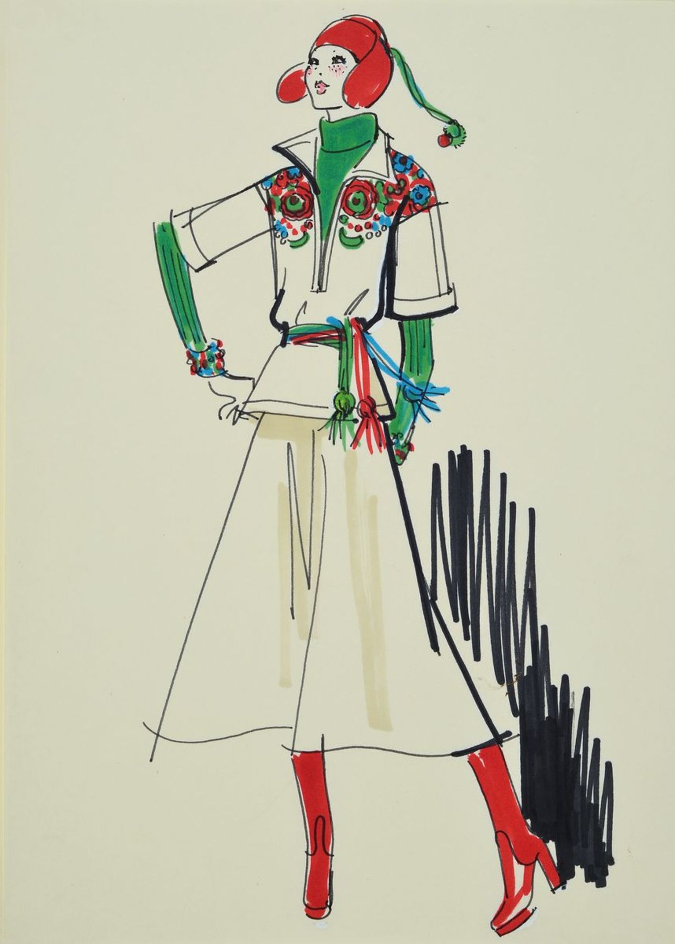 Karl Lagerfeld, 1933-2019, Modezeichnung, Filzstift auf Papier, ca. 30x21 cm, Zeichnung auf dickem