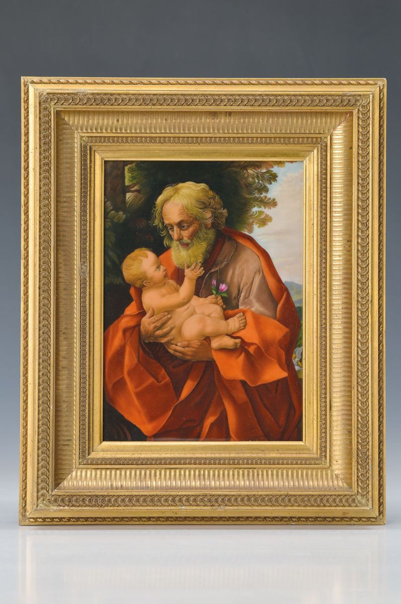 Porzellanmalerei, um 1900, nach Guido Reni, "Der Heilige Josef mit dem Christuskind", feine