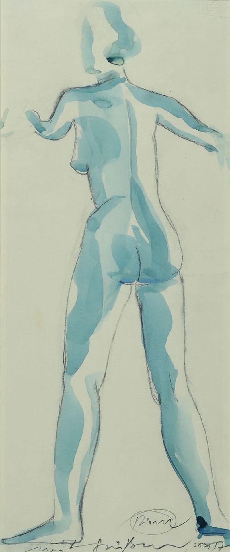 Otto Piene 1928-2014, weiblicher Rückenakt, Aquarell über Bleistift,signiert, mit Widmung: "mit