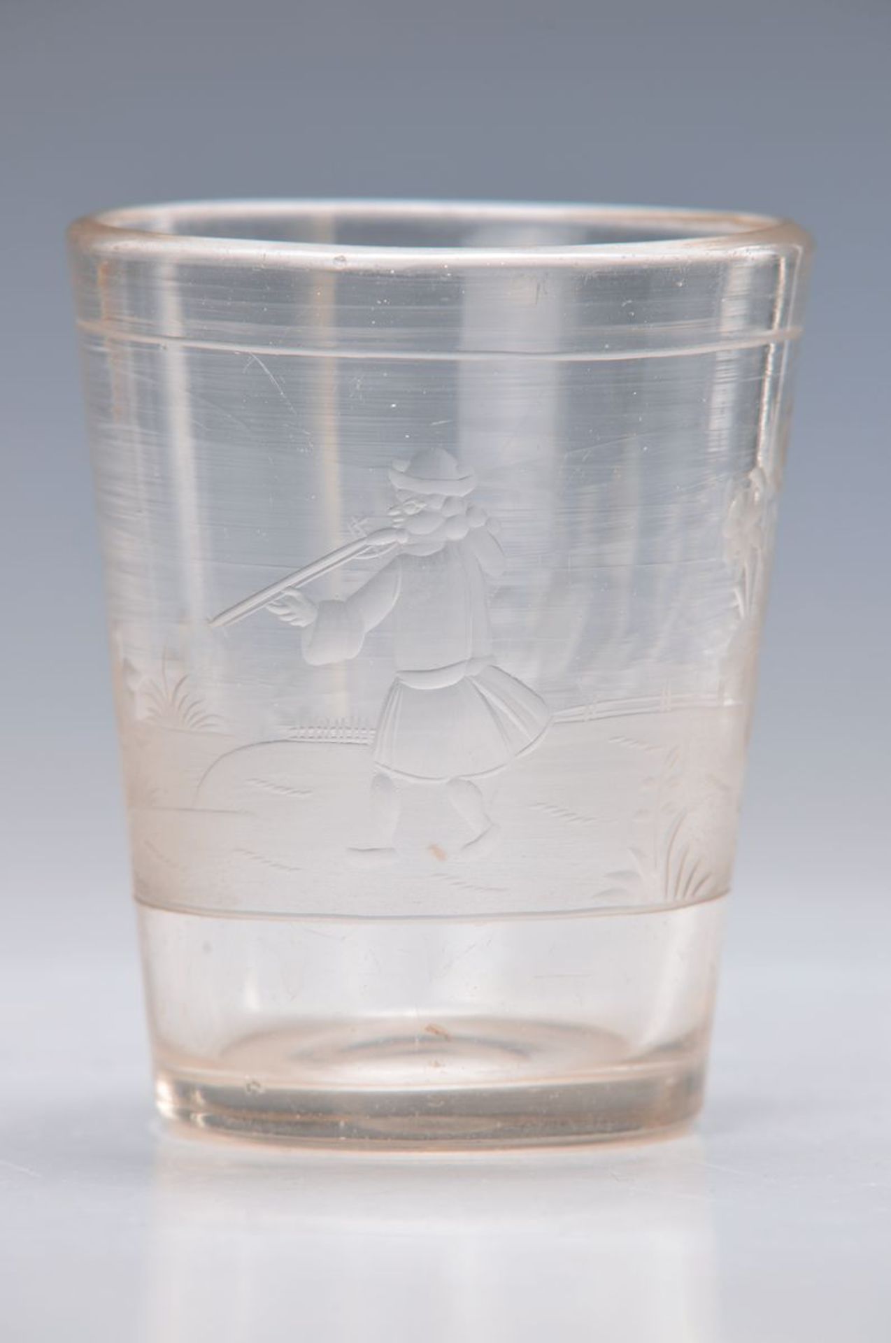 Barocker Glasbecher, Berlin um 1700, Jäger auf Entenjagd, Gravur wohl Heinrich Jäger, umlaufend