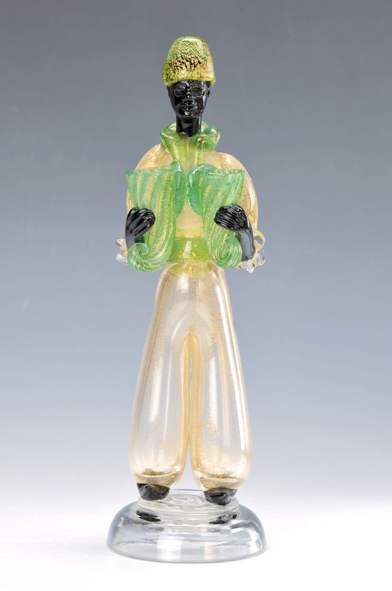 Skulptur, Murano Italien, 20. Jh., mundgeblasenes Glas mit eingeschmolzenem Goldpuder, partiell grün