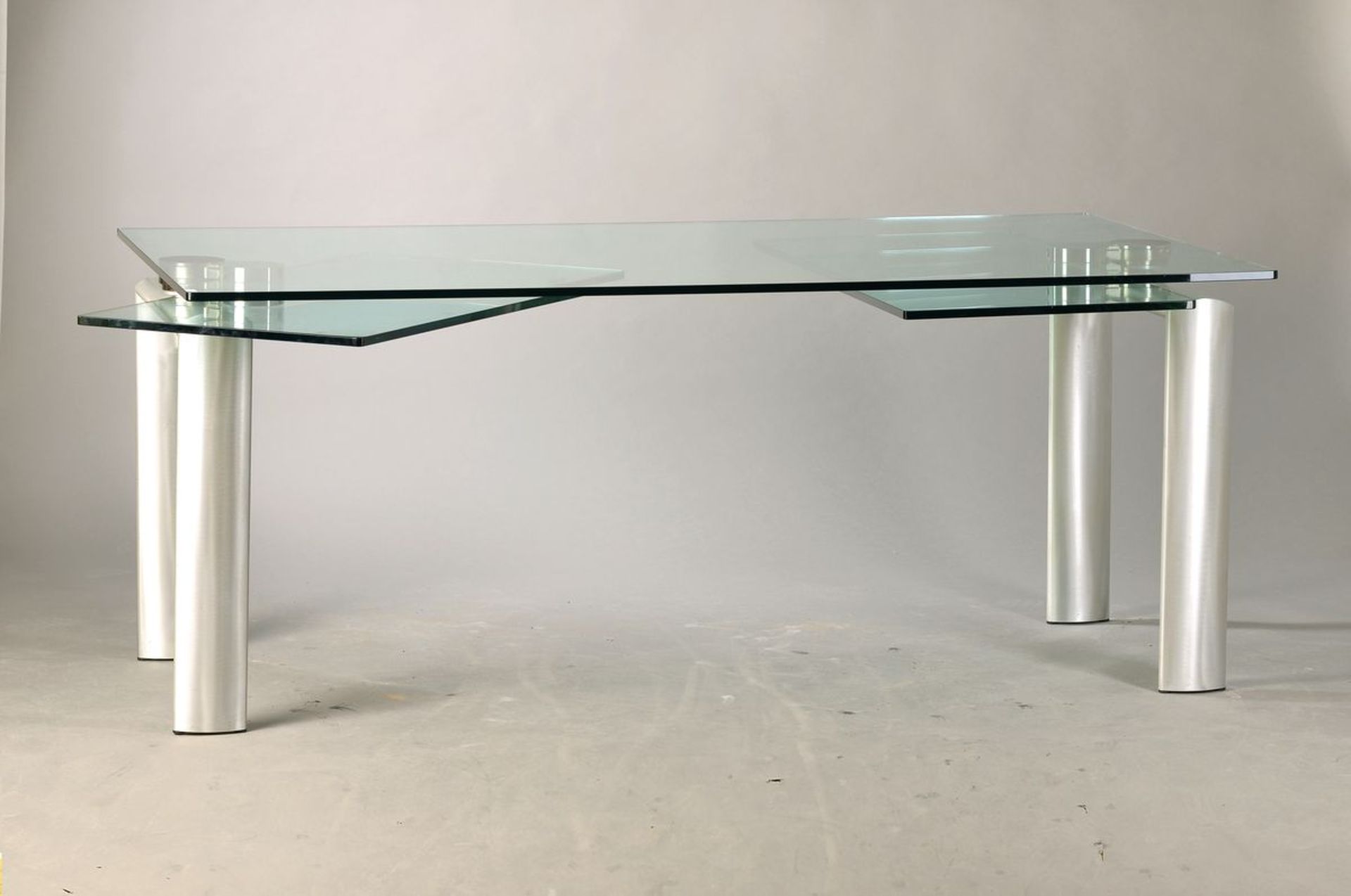 Esstisch, Design, 1980er Jahre, gebürstete Metallmonturen, Glasplatte, ca. 74x100x180cm, an beiden