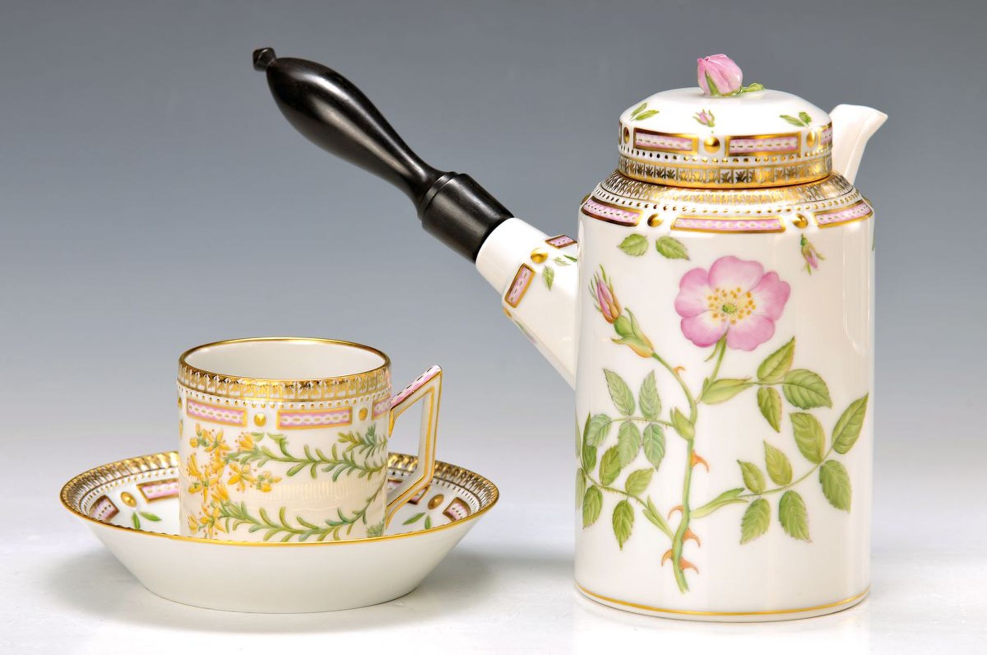 Kakaokanne und Tasse mit Untertasse, Royal Kopenhagen, Serie Flora Danica, Kanne: Rosa canina,